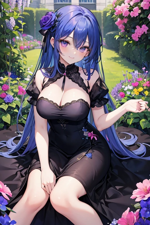 (masterpiece), best quality, expressive eyes, perfect face, long blue hair , purple eyes,big breasts ,graceful, charming ,(black dress), (stand or sit in a garden of colored flowers ), (smiles mischievously),pink skin