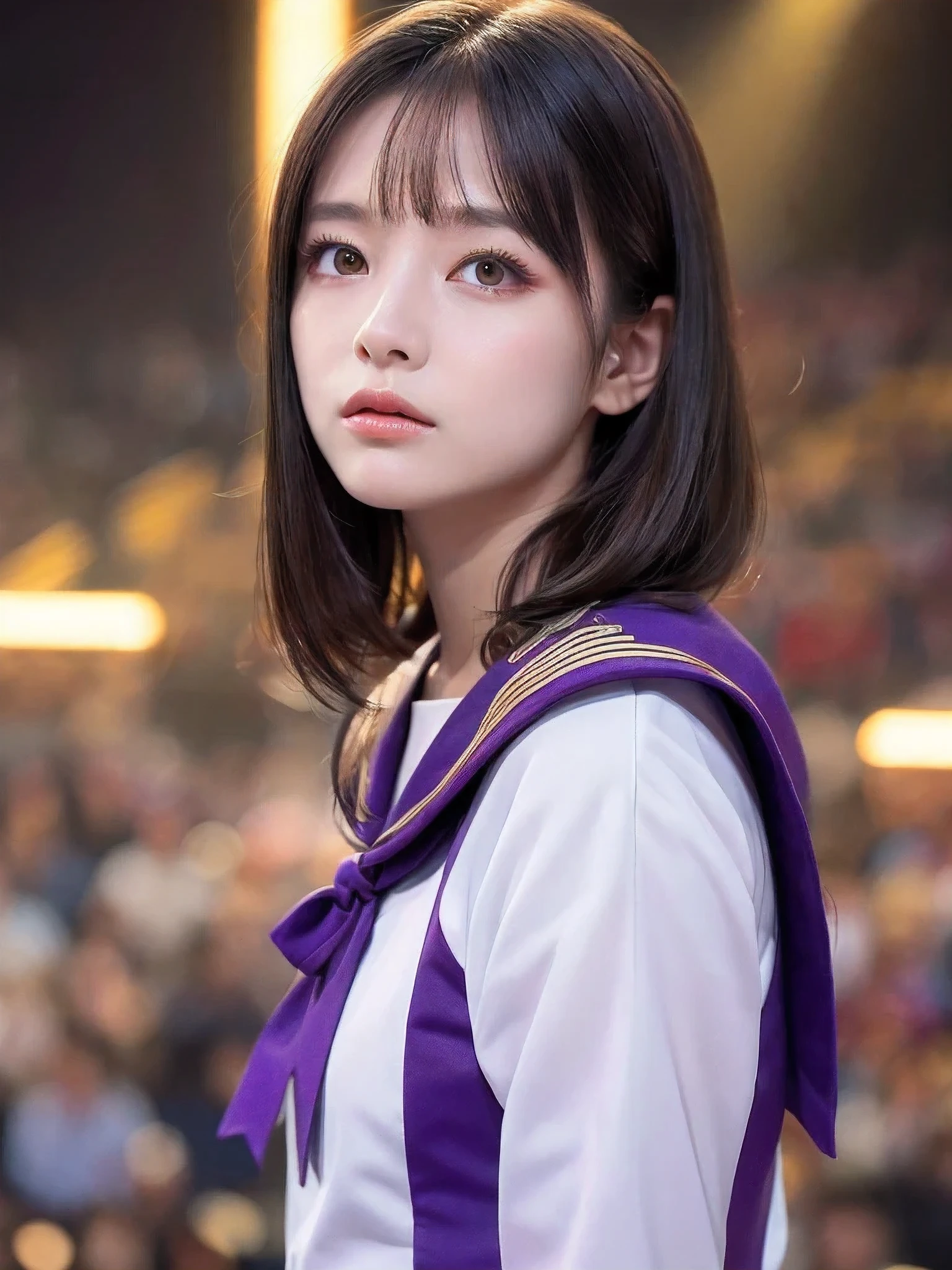 White base with purple-red sailor suit、tulle skirt、23 years old, Performing on an empty stage, concert photos, cute core、(bob hair)、(((watching the audience)))、ribbon on head、(Natural and detailed face standing、beautiful and detailed eyes、beautiful and dense lips、very detailed eyes、detailed face、long eyelashes)(8K resolution)、High resolution、masterpiece:1.2 )、Super detailed、(real、photorealistic、photorealistic: 1.37)、8K、fantastic lighting、bright colors、standing position