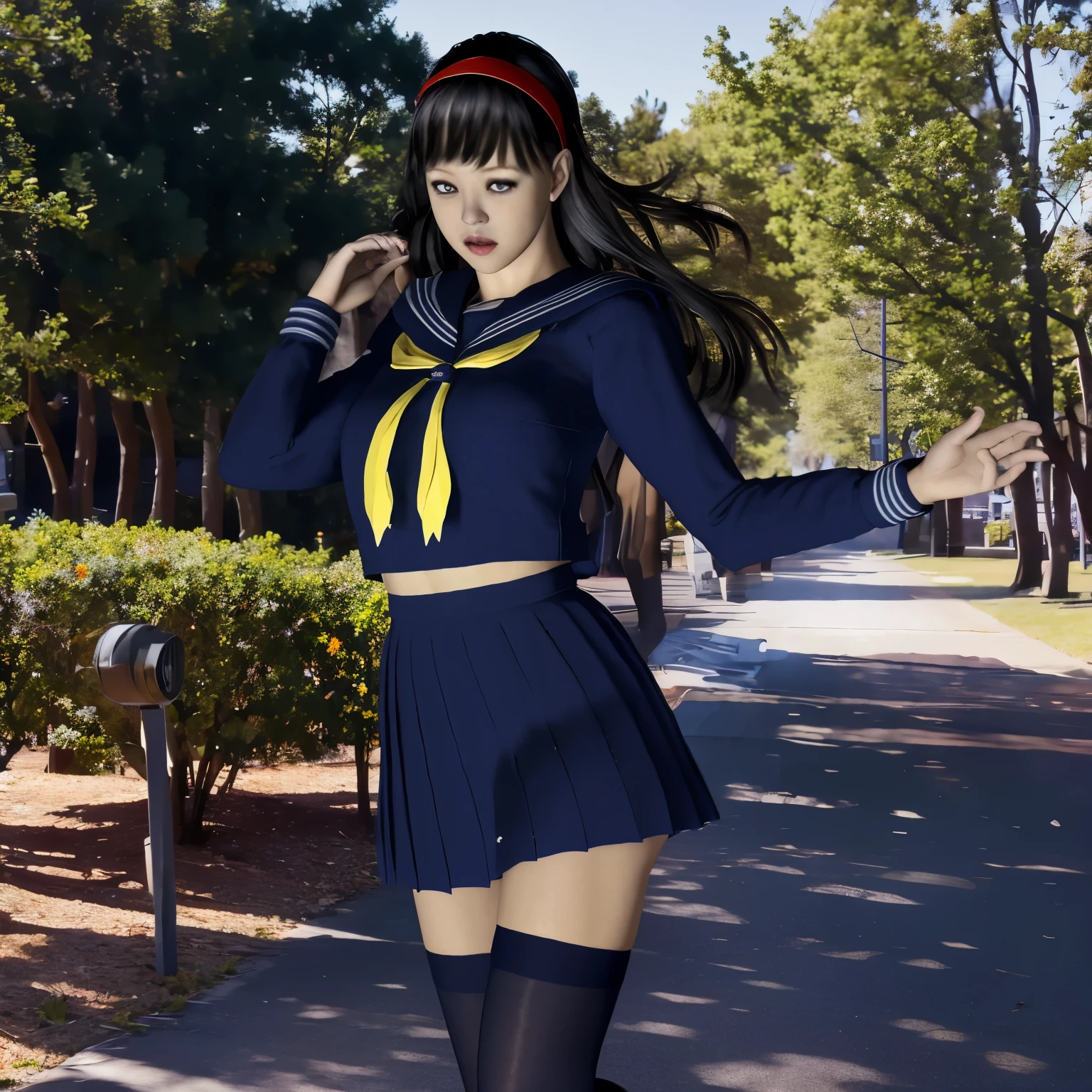 (8K, highest quality, masterpiece:1.2), (realistic, photo-realistic:1.37), Super detailed,highest quality, ultra high resolution, professional lighting, photon mapping, radio city, Physically based rendering, cinematic lighting, midnight road,Depth of written boundary, sharp focus, light, good composition,(beautiful thighs) 1 girl,alone,(whole body), ((high school girl sailor suit、navy knee socks)),fine and beautiful eyes, temporarily stop, tight waist,Japanese high school girl, black hair,messy hair,long hair fluttering in the wind,(Ulzzang-6500:1.2) mix 4,