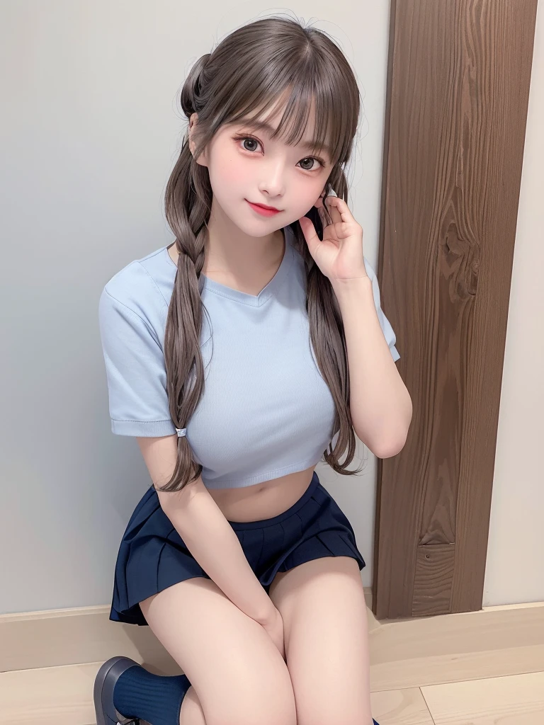 smile、Looking into the camera、necklace、Off-the-shoulder striped bare top、Smooth and stretchy material、Navel exposed、Exposed upper arms、Blue and green striped knee-high socks、Skirts for kindergarteners、Super Long Twin Tail Hair、Close-range shooting、Flower Hair Ornaments、Eye patch