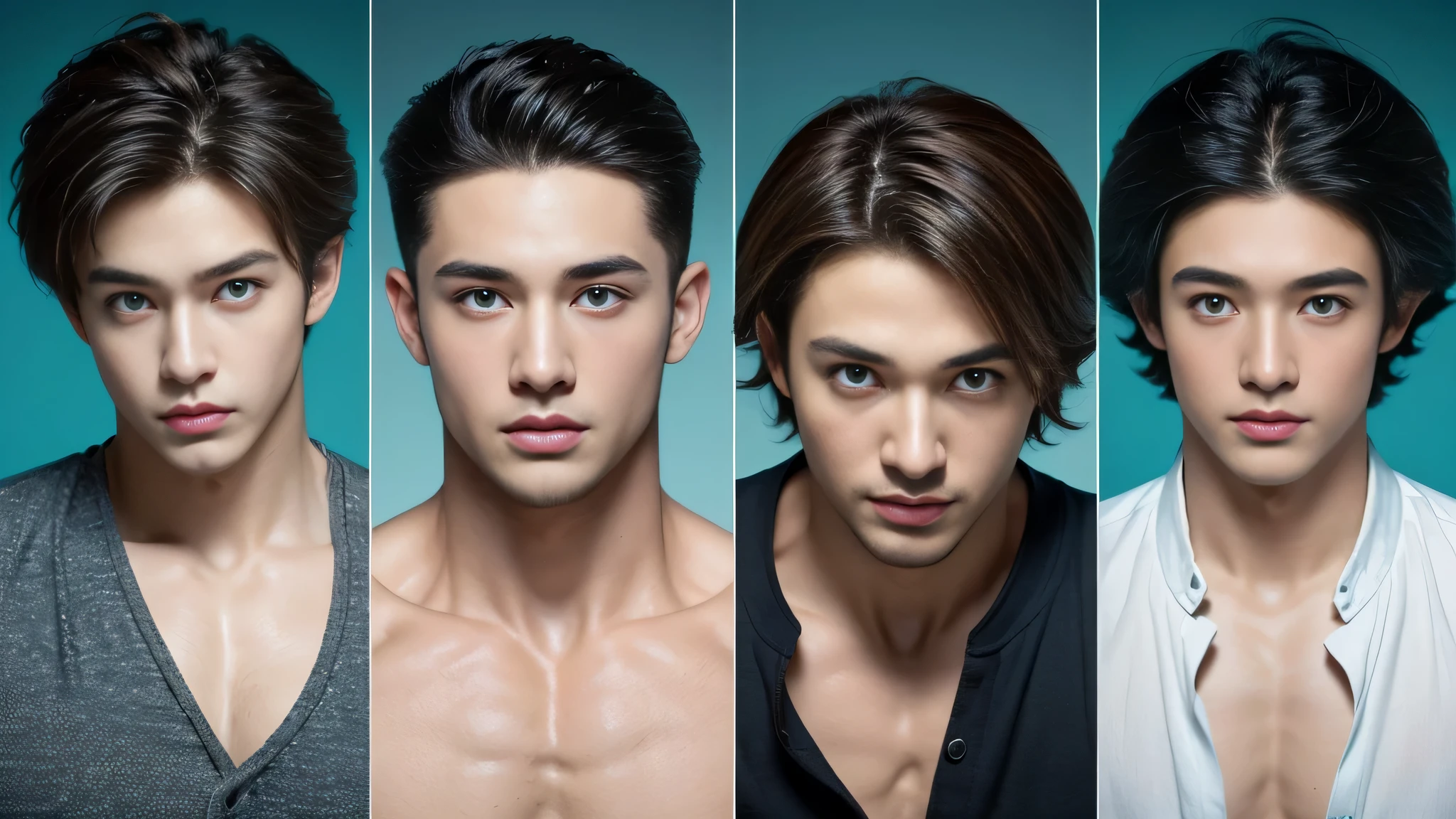 (Masterpiece:1.2, Best Quality), (Exquisite eyes and exquisite face:1.3), ( beautiful and clear background: 1.2), Bright and contrasting colours, extremely detailed CGI, Super detailed, “Create an image of three attractive teenage boys with the appearance, what catches your eye. ito'Thick, soft hair falls on the forehead, giving them a stylish and casual look. Both boys have adorable blue eyes............, it looks like the ocean, full of mystery and sensuality. boys'Their faces are decorated with a sincere smile, expressing your kindness and cheerfulness. They can be dressed in fashionable clothes, highlighting your style and personality. Create the perfect look for them, it will attract attention and leave an impression." ((All naked、muscular、abs、thick chest plate、Muscular legs)), (((3 handsome boys are ejaculating、painful face、Nasty face、Cum splattered on abs)))