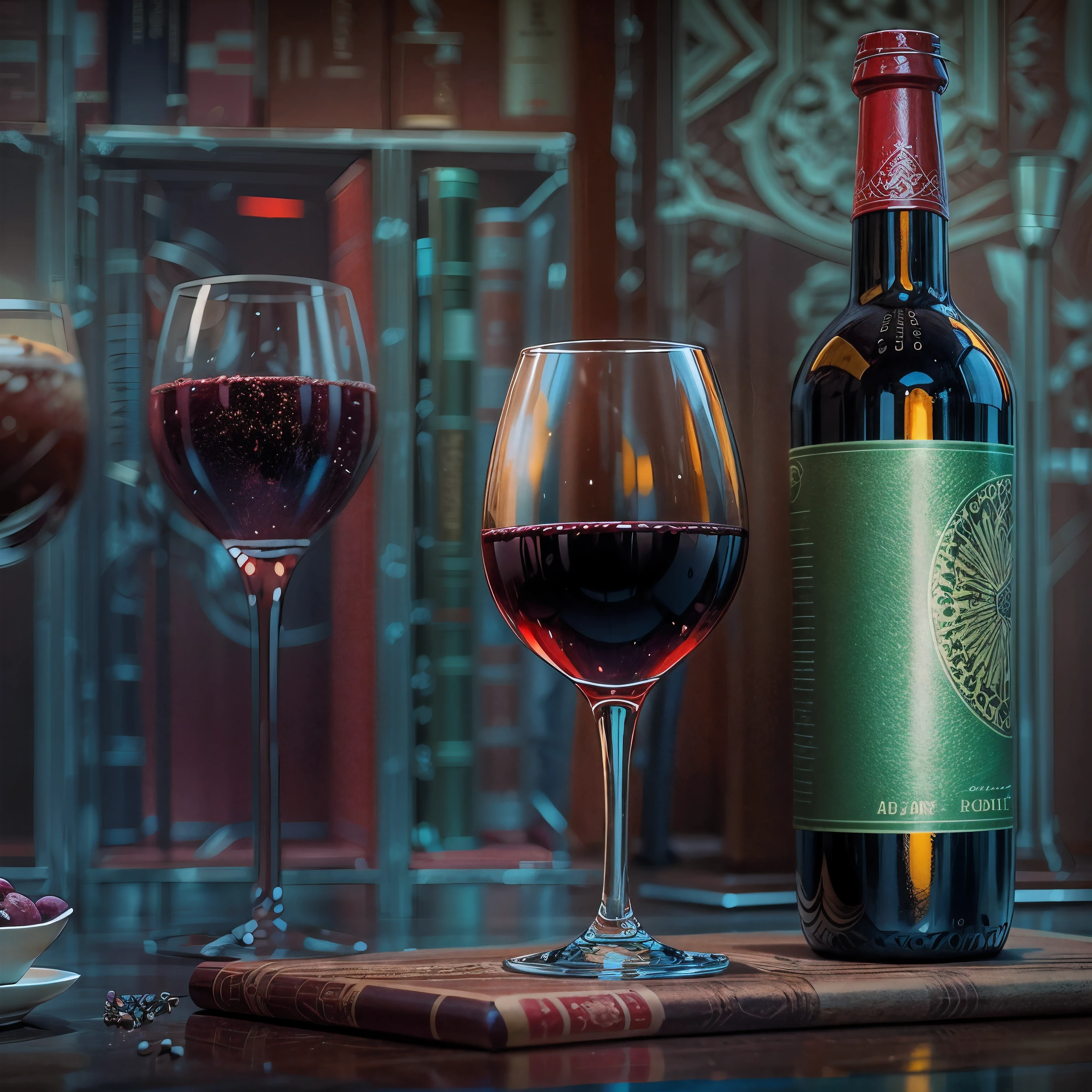 (masterpiece,best quality,ultra-detailed), award winning, ccurate, UHD, textured skin, chromatic aberration, Fujicolor, the red wine, wine glass, the retrospective pub, vintage bottle