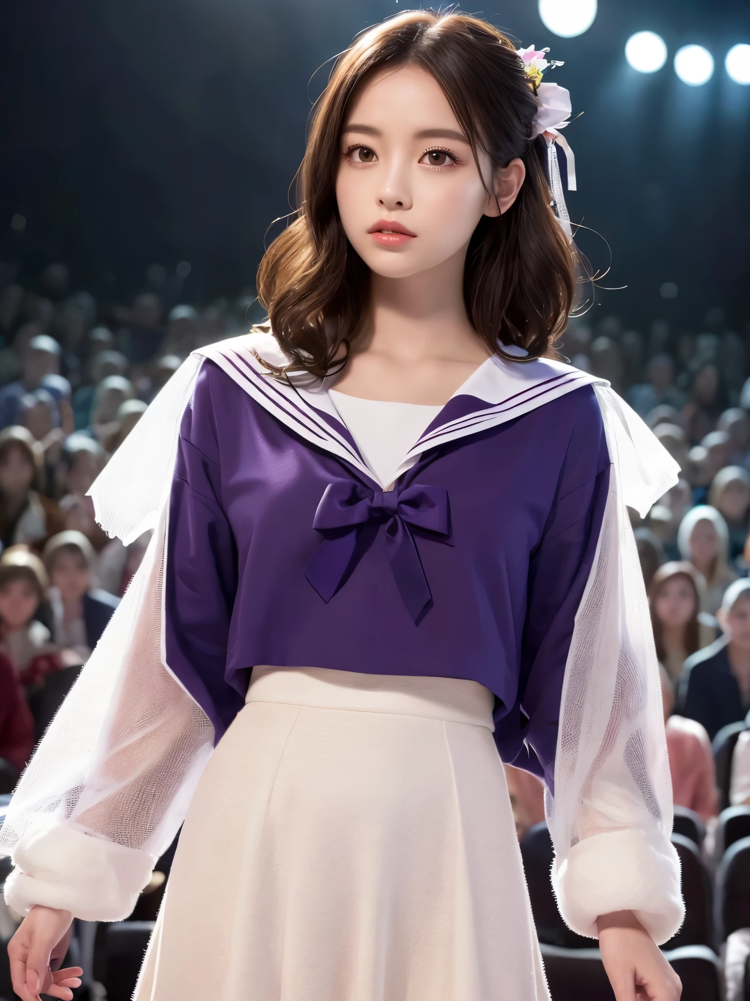 White base with purple-red sailor suit、tulle skirt、23 years old, Performing on an empty stage, concert photos, cute core、(bob hair)、(((watching the audience)))、ribbon on head、(自然でdetailed face立ち、beautiful and detailed eyes、beautiful and dense lips、very detailed eyes、detailed face、long eyelashes)(8K resolution)、High resolution、masterpiece:1.2 )、Super detailed、(real、photorealistic、photorealistic: 1.37)、8K、fantastic lighting、bright colors、standing position