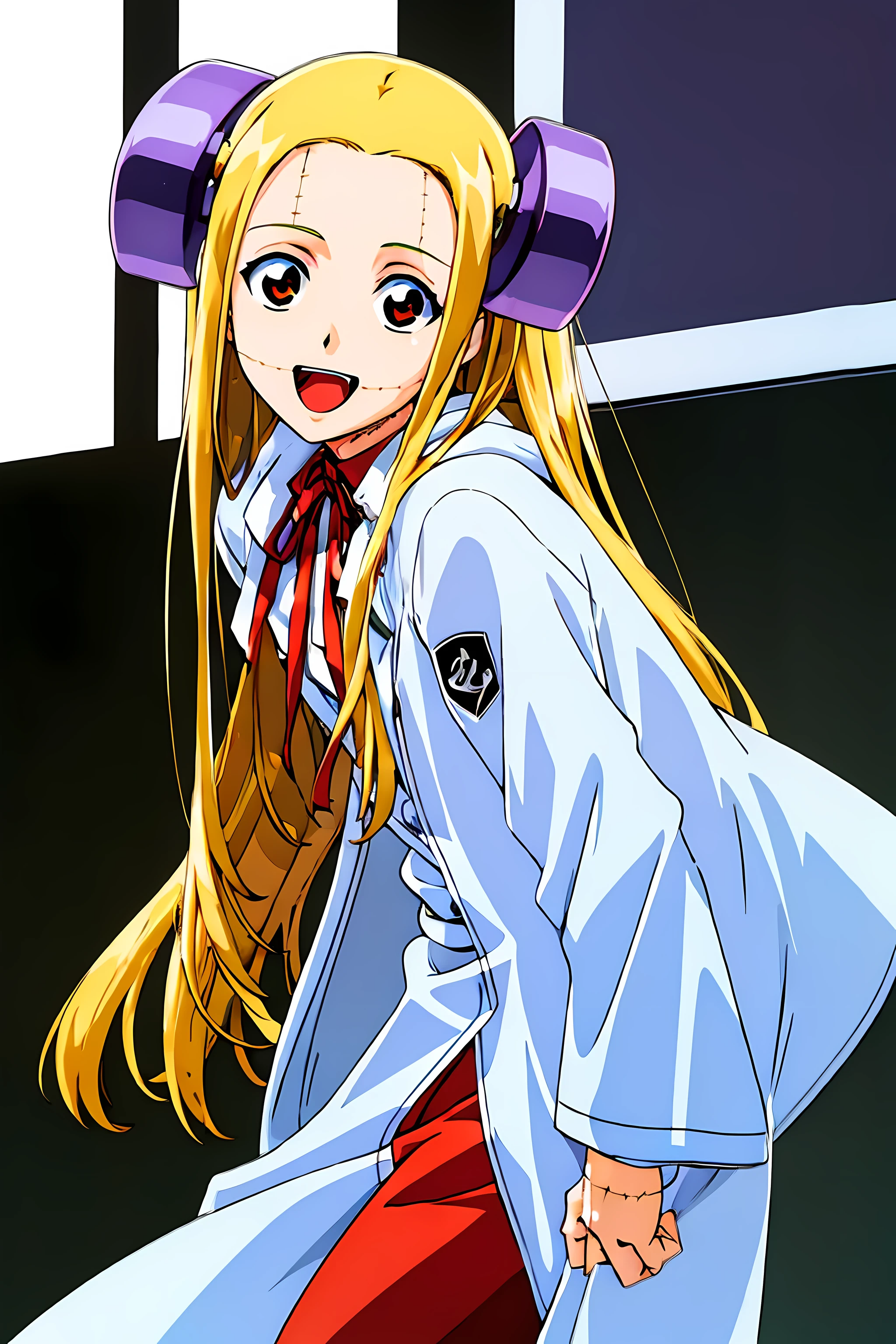 (highest quality:1.3),(ultra-become familiar with:1.5),High resolution,extremely become familiar with CG,unity 8k wallpaper,official art,become familiar with,super become familiar with skin,perfect anatomy,beautiful become familiar with eyes,(anime screenshot:1.11),very delicate and beautiful,(90s anime,90s anime style,cel shaded anime:1.17),1 girl,anmnr, 
((madaraki_fran:1.52)),Light blonde long hair,brown eyes,((((wearing a white coat)))),stitch,body scars,creepy look,open mouth smile,