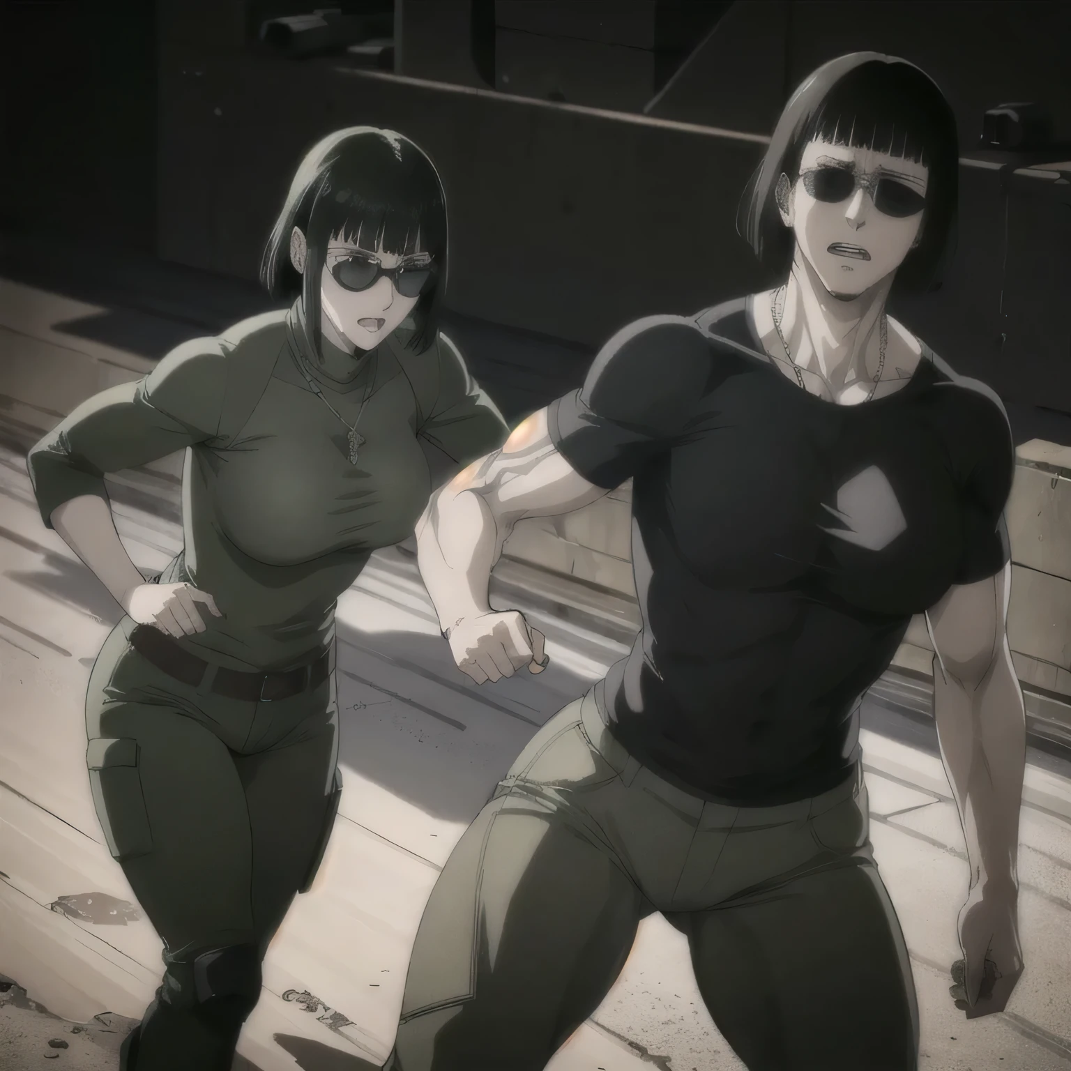 (best quality,ultra-detailed,realistic:1.37),musclaur military badass girl with sculpted body have a tattoos wearing Tight T-shirt with combat trousers , full review of the female character's face and body, intense expression, strong and confident posture, studio lighting, vivid colors, physiologically-based rendering, grungy texture, rugged background, dust particles in the air, commanding presence, professional, powerful, gritty aesthetics,,Valmet،short hair,necklace,sunglasses,Muscles sticking out inside clothes, Valmet her Genital penis swollen inside  combat trousers