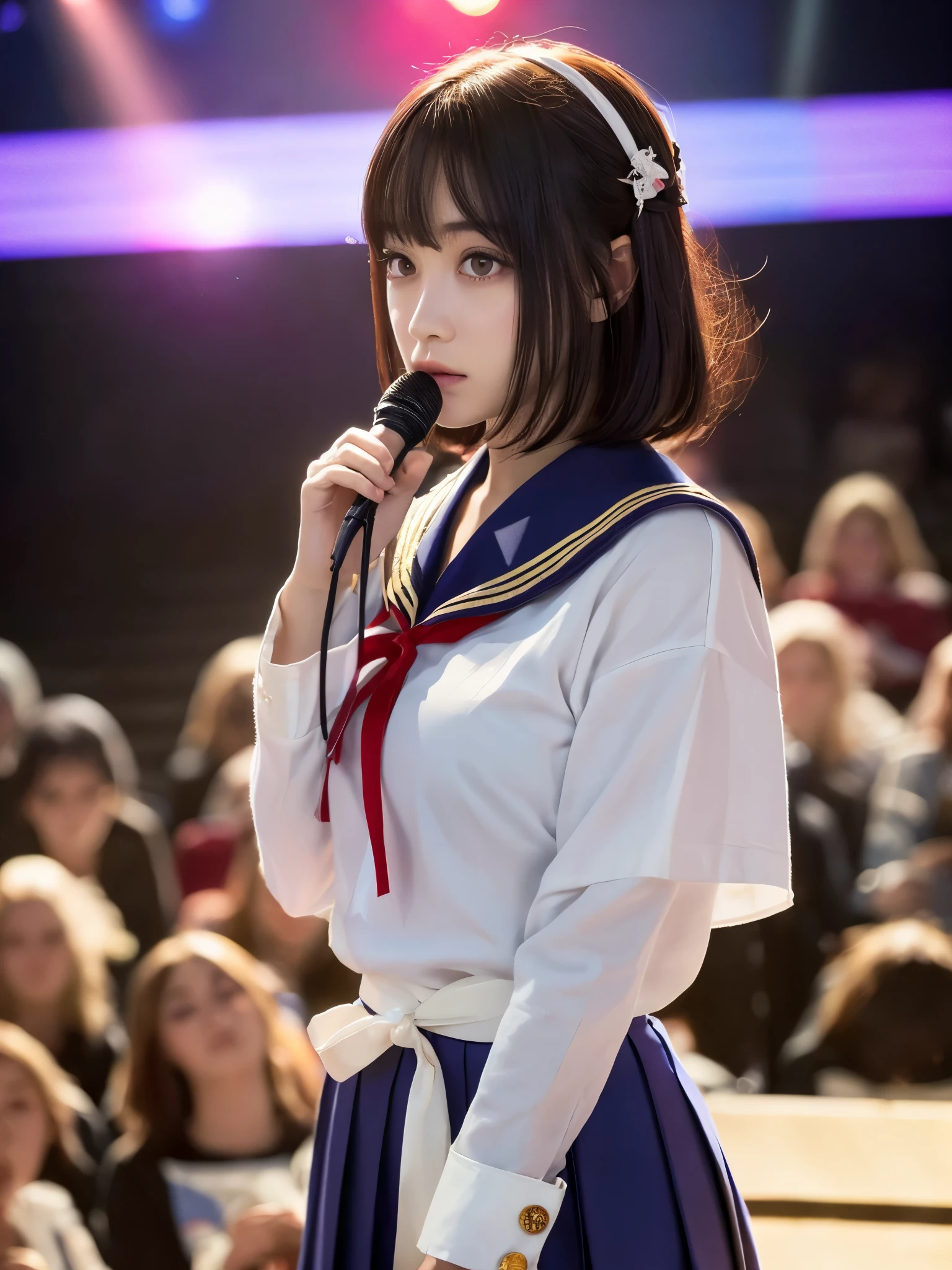 White base with purple-red sailor suit、tulle skirt、23 years old, Performing on an empty stage, concert photos, cute core、(bob hair)、(((watching the audience)))、ribbon on head、（自然でdetailed face立ち、beautiful and detailed eyes、beautiful and dense lips、very detailed eyes、detailed face、long eyelashes）（8K resolution）、High resolution、masterpiece：1.2 )、Super detailed、(real、photorealistic、photorealistic: 1.37)、8K、fantastic lighting、bright colors、standing position