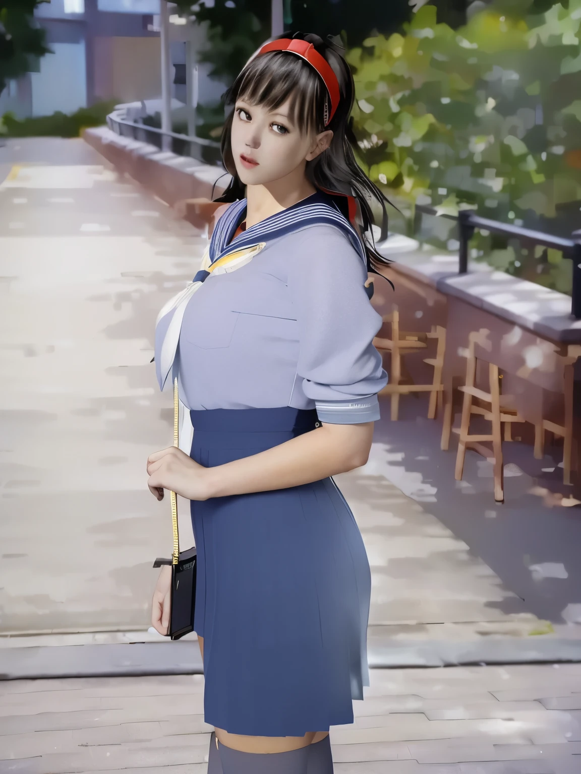 (8K, highest quality, masterpiece:1.2), (realistic, photo-realistic:1.37), Super detailed,highest quality, ultra high resolution, professional lighting, photon mapping, radio city, Physically based rendering, cinematic lighting, midnight road,Depth of written boundary, sharp focus, light, good composition,(beautiful thighs) 1 girl,alone,(whole body), ((high school girl sailor suit、navy knee socks)),fine and beautiful eyes, temporarily stop, tight waist,Japanese high school girl, black hair,messy hair,long hair fluttering in the wind,(Ulzzang-6500:1.2) mix 4, 