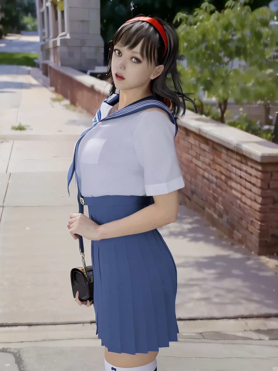 (8K, highest quality, masterpiece:1.2), (realistic, photo-realistic:1.37), Super detailed,highest quality, ultra high resolution, professional lighting, photon mapping, radio city, Physically based rendering, cinematic lighting, midnight road,Depth of written boundary, sharp focus, light, good composition,(beautiful thighs) 1 girl,alone,(whole body), ((high school girl sailor suit、navy knee socks)),fine and beautiful eyes, temporarily stop, tight waist,Japanese high school girl, black hair,messy hair,long hair fluttering in the wind,(Ulzzang-6500:1.2) mix 4,