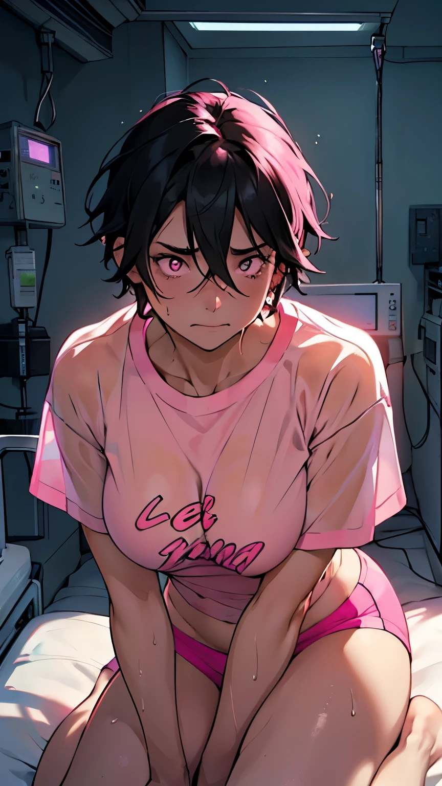 21 year old girl, black hair, short hair, perfect body, (chest size: 1.2), sweat on the skin, (neon lights, soft lighting), transparent t-shirt, in a hospital, on a hospital bed, sitting, grabbing her breasts, ((eyes: bright pink color)), ((facial expression: scared))