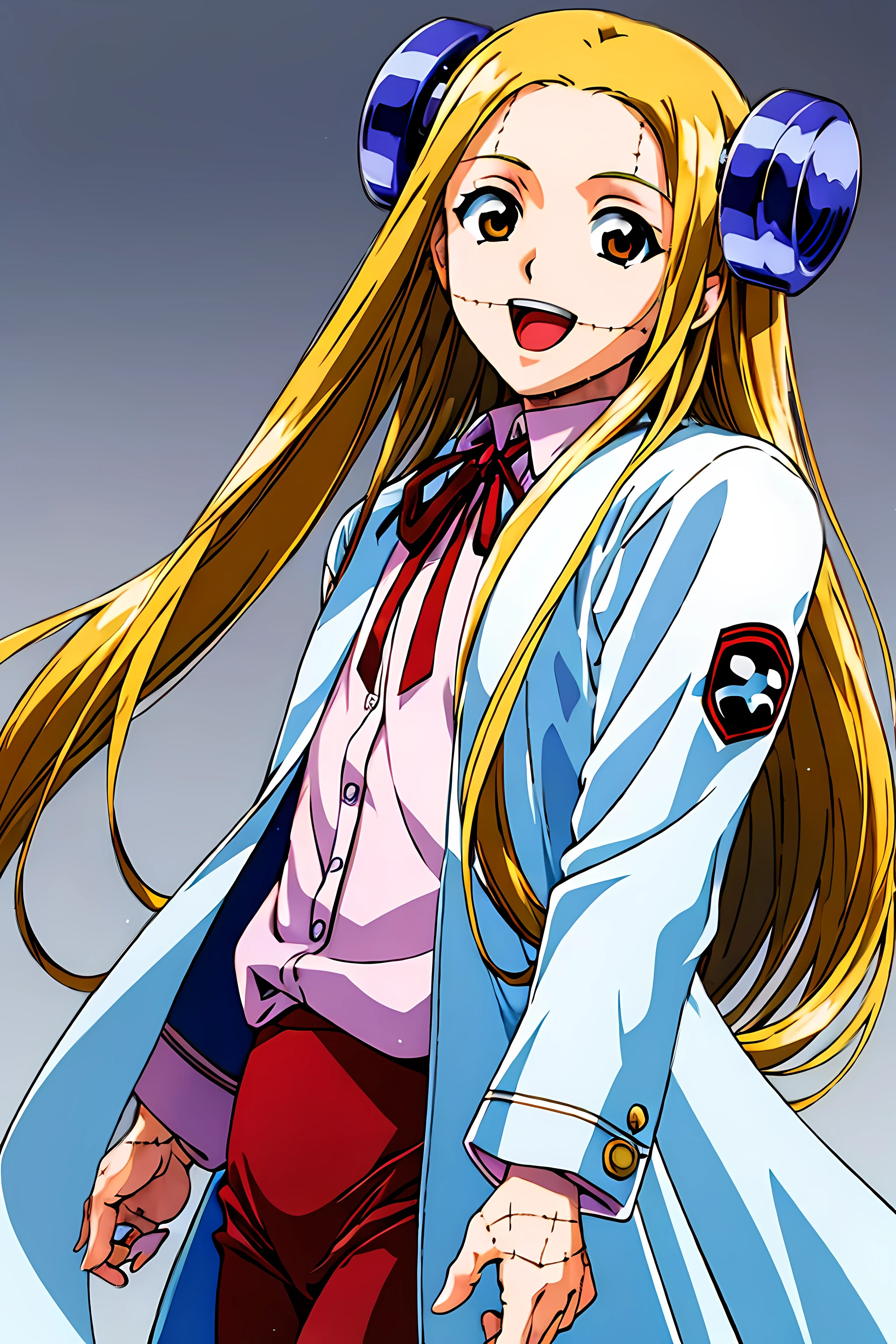 (highest quality:1.3),(ultra-become familiar with:1.5),High resolution,extremely become familiar with CG,unity 8k wallpaper,official art,become familiar with,super become familiar with skin,perfect anatomy,beautiful become familiar with eyes,(anime screenshot:1.11),very delicate and beautiful,(90s anime,90s anime style,cel shaded anime:1.17),1 girl,anmnr,
((madaraki_fran:1.52)),Light blonde long hair,brown eyes,((((wearing a white coat)))),stitch,body scars,creepy look,open mouth smile,