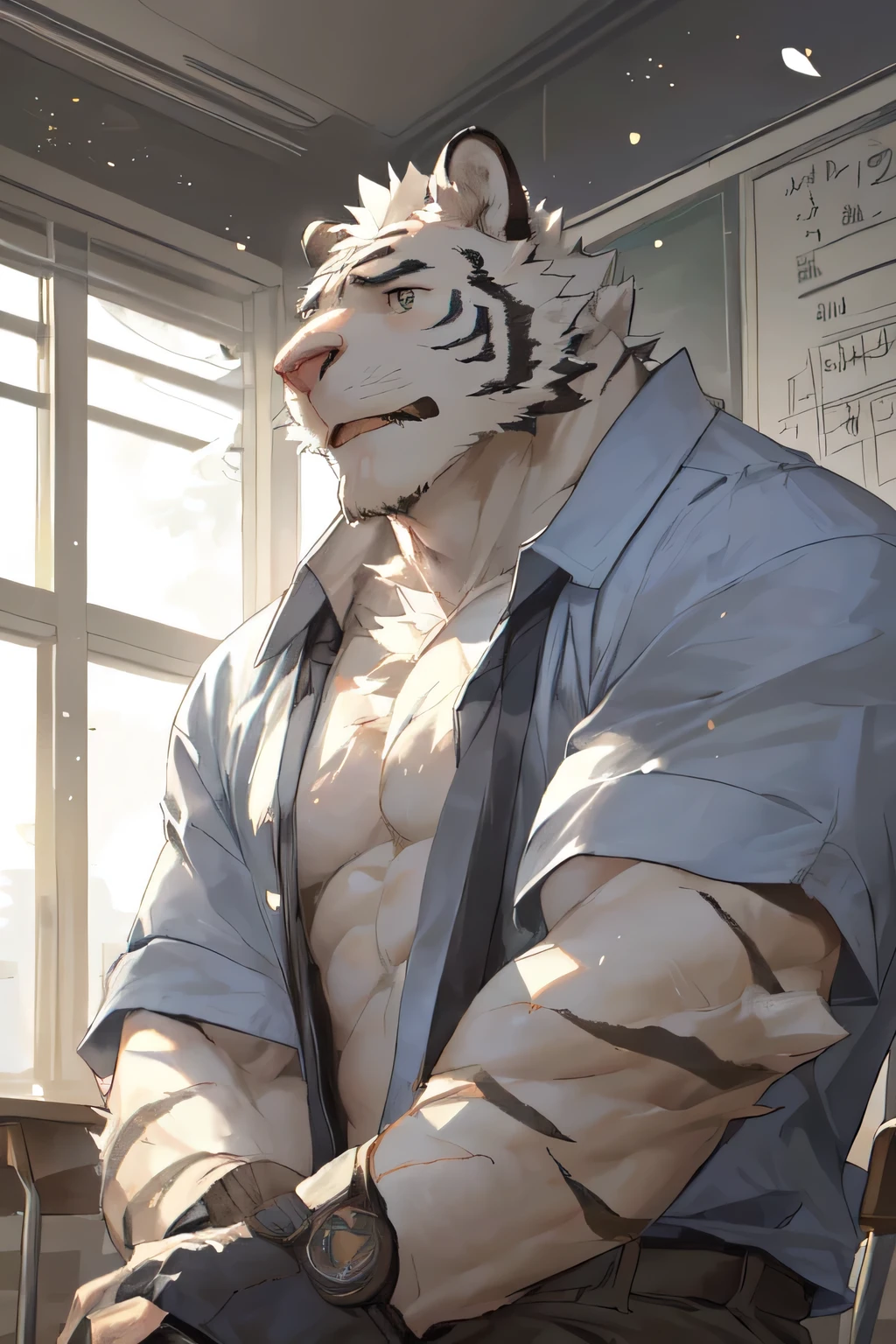(masterpiece,best quality,Super detailed,perfect anatomy),Detailed background,Empty,New Jersey 5 Hairy,Kanno,
perfect lighting,light particles,sharp focus,light particles,by milkytiger1145,by lindong,by empty ghost,
rest
dark theme,Sunlight,external,classroom,(Lift up your clothes to reveal only your upper body),FOG,
alone,alone foucs,male,male focus,Humanity,Cats,tiger,muscular,(bust portrait,Upper body:1.5),
rest
(white fur:1.5,white body:1.5),
clothed,Best weather,Bottoms,footwear,student,(school uniforms,Student style),Gloves,boots,four fingers