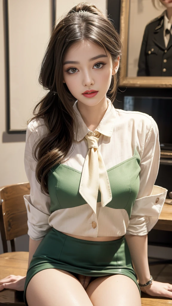 best quality、16K high resolution、super detailed、masterpiece、Live shooting、actual:1.4、Surrealism:1.4、sharp focus、Very delicate and beautiful、nitty gritty、1 female、(European:1.2)、(Blonde)、(spread your legs:1.3)、(no panties:1.3)、(National Science Foundation:1.1)、 (sit on the table)、(Super beautiful)、(pretty face:1.5)、(ponytail, )、(Detailed face)、(Eyes are thin and beautiful)、Perfect round eyes、(delicate lips)、lipstick、(Eyeliner)、mascara、eye shadow、(Military green pencil skirt,)、White shirt、Green set, tie、in NSFW