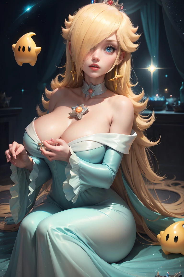 ((Princess Rosalina from super mario bros series))(she has big glowing blue eyes)(bright red lips) ((long blonde hair))(((long bangs hide one eye)))(dark eyeshadows make up)((very huge breasts)) (perfect slim body) ((wear aquamarine dress, gold crown)) (crown) ((posing sexy in cosmic castle)) (masterpiece, high definition, volumetric lights and dinamic shadows)((masterpiece))(8k)(perfect face)(ultra details) (perfect hands, eyes, and face) (luma star flying around)