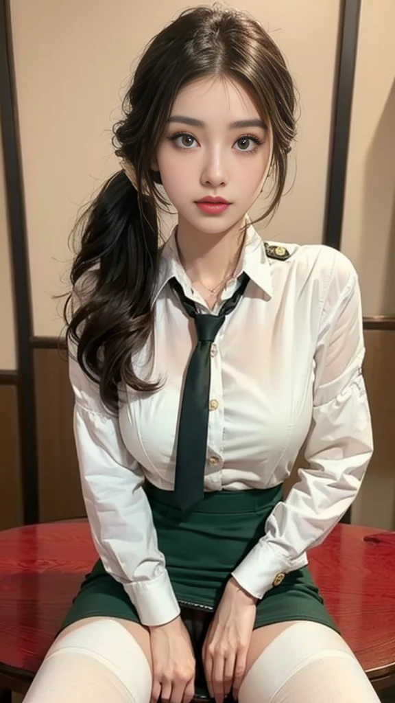 best quality、16K high resolution、super detailed、masterpiece、Live shooting、actual:1.4、Surrealism:1.4、sharp focus、Very delicate and beautiful、nitty gritty、1 female、(European:1.2)、(Blonde)、(spread your legs:1.3)、(no panties:1.3)、(National Science Foundation:1.1)、 (sit on the table)、(Super beautiful)、(pretty face:1.5)、(ponytail, )、(Detailed face)、(Eyes are thin and beautiful)、Perfect round eyes、(delicate lips)、lipstick、(Eyeliner)、mascara、eye shadow、(Military green pencil skirt,)、White shirt、Green set, tie、in NSFW