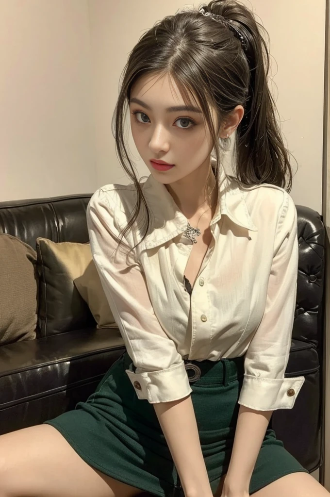 best quality、16K high resolution、super detailed、masterpiece、Live shooting、actual:1.4、Surrealism:1.4、sharp focus、Very delicate and beautiful、nitty gritty、1 female、(European:1.2)、(Blonde)、(spread your legs:1.3)、(no panties:1.3)、(National Science Foundation:1.1)、 (sit on the table)、(Super beautiful)、(pretty face:1.5)、(ponytail, )、(Detailed face)、(Eyes are thin and beautiful)、Perfect round eyes、(delicate lips)、lipstick、(Eyeliner)、mascara、eye shadow、(Military green pencil skirt,)、White shirt、Green set, tie、in NSFW