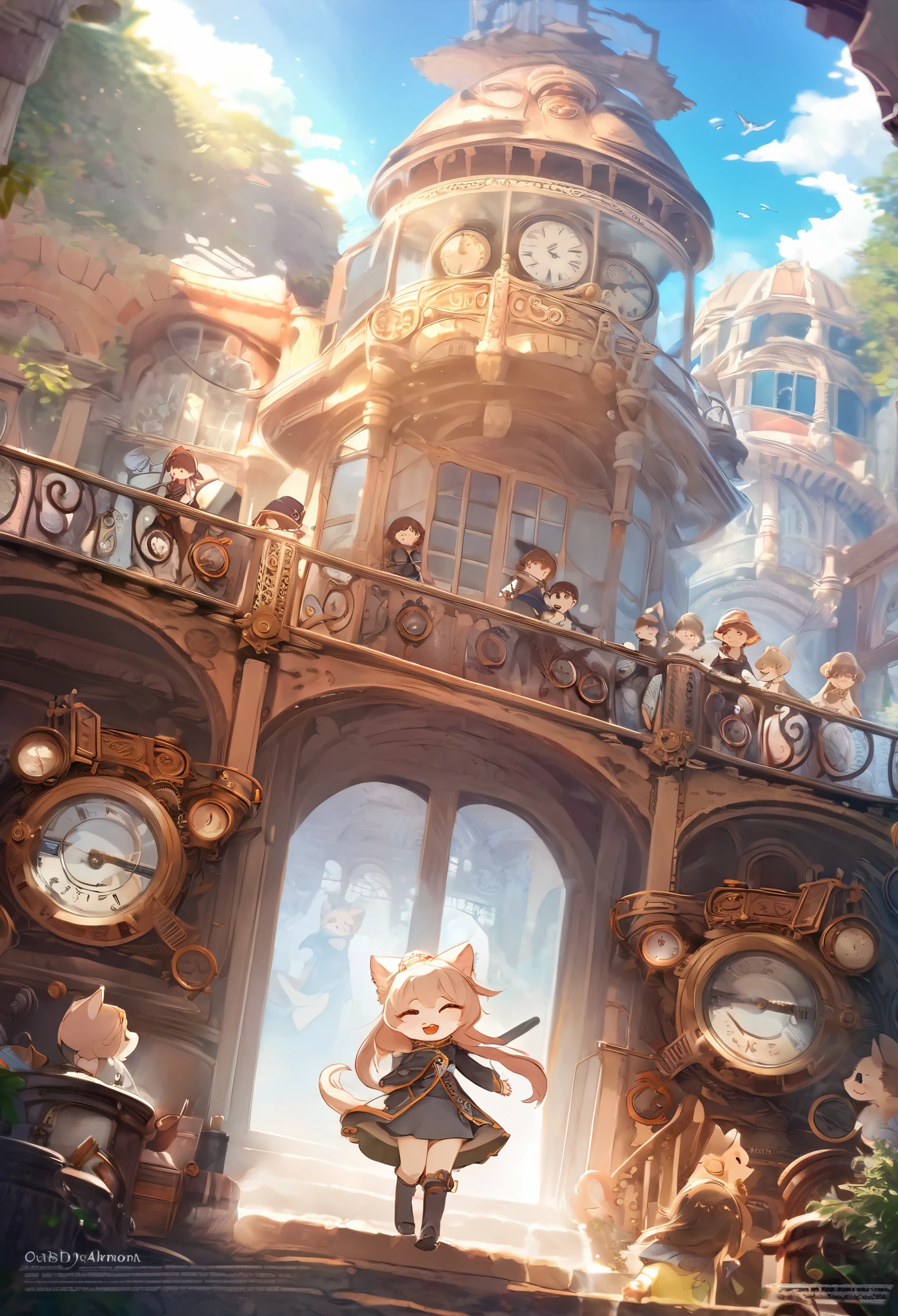 cover_page, highres, top quality, best quality, paid reward available, High-quality illustrations, unparalleled masterpiece, perfect artwork, absurdres, super high resolution, detailed background, Steam punk, Beautiful World Heritage, 6+boys, 6+girls, Happy, joyful(Photos of solo travelers)(kemono, furry anthro)cinematic lighting, dynamic angle,