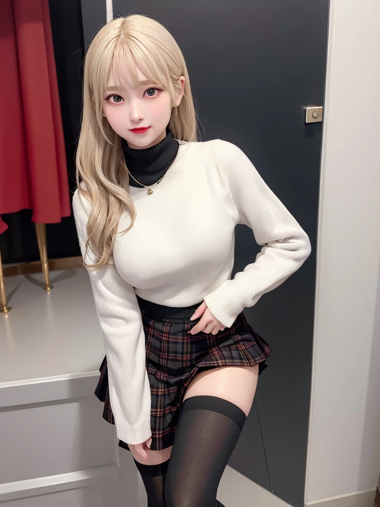 Super high quality, super high definition, super detailed, masterpiece, 20 years old, female, cute, nice body, perfect face, beautiful, white knit sweater, winter clothes, pleated skirt, red and black checked skirt, long skirt,necklace, bracelet, knee-high socks, boots, double eyelids, tear bags, fingers. Detailed, photo-like description, indoors, dim indoor lighting, blonde hair, pony tail,standing, whole body, composition that shows the whole body, smiling,