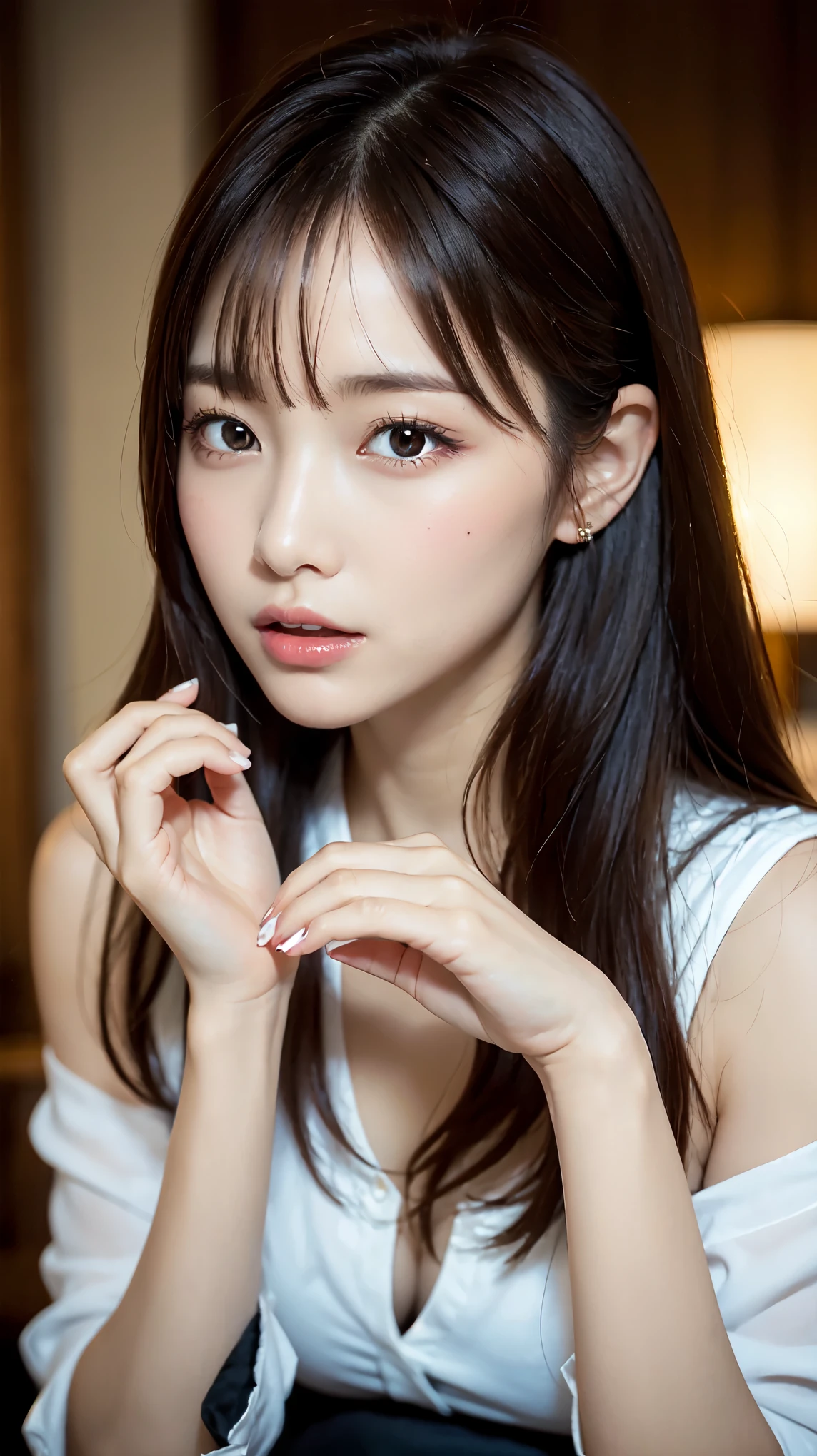 1 female, close up of face, Medium chest, light brown hair, dull bangs, hair behind the ear, shoulder hair, long hair, slender body shape, Extra-fine face, thin face, delicate lips, beautiful eyes, light blush, eyes are light brown, perfect shiny skin, perfect skin, Shining sweat,take a look here, ultra thin hands, extra thin fingers, Optimal ratio of 4 fingers and 1 thumb, (realistic:1.3), finger extension, see-through white blouse, The rotor is inside the vagina, ecstasy face, climax expression, View viewer, ((I can not stand it:1.5)), fujifilm, f/1.2, 8K, table top, nffsw, Super detailed, high quality, 最high quality, High resolution,