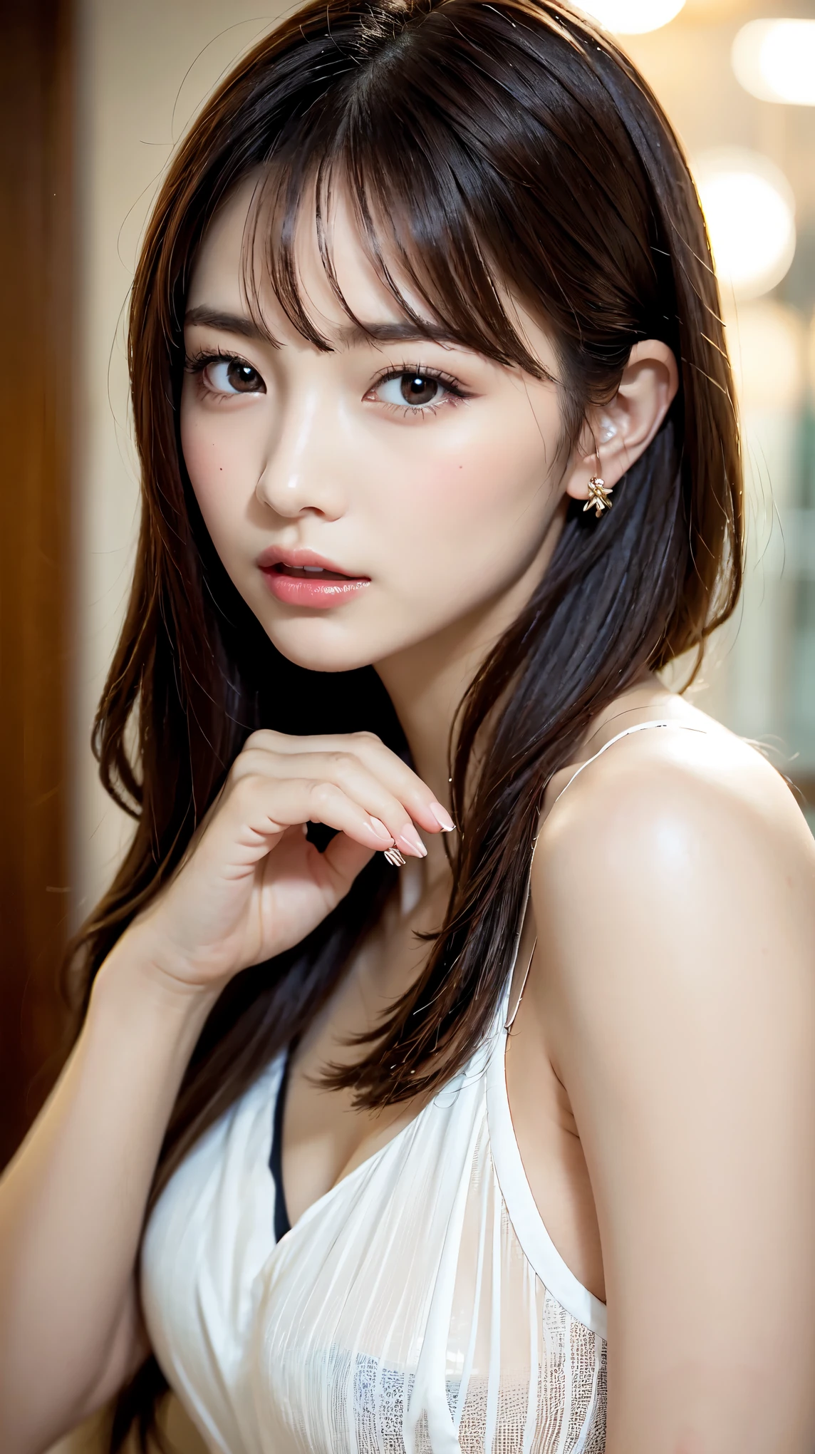 1 female, close up of face, Medium ?????, light brown hair, dull bangs, hair behind the ear, shoulder hair, long hair, slender body shape, Extra-fine face, thin face, delicate lips, beautiful eyes, light blush, eyes are light brown, perfect shiny skin, perfect skin, Shining sweat,take a look here, ultra thin hands, extra thin fingers, Optimal ratio of 4 fingers and 1 thumb, (realistic:1.3), finger extension, see-through white blouse, The rotor is inside the ??????, ??????? face, ?????? expression, View viewer, ((I can not stand it:1.5)), fujifilm, f/1.2, 8K, table top, nffsw, Super detailed, high quality, 最high quality, High resolution,