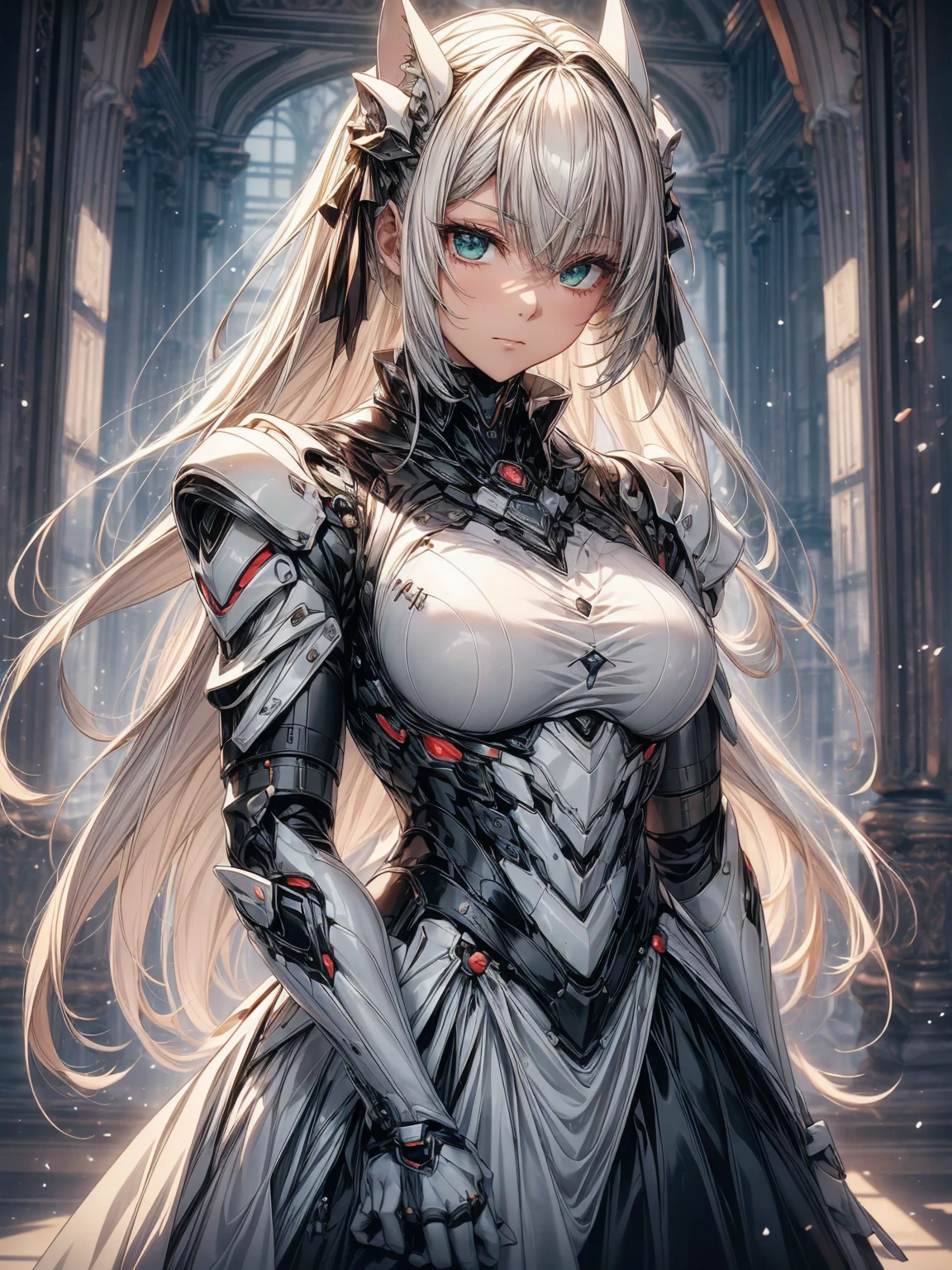 Subtle concept art style：1.1），（art nouveau：1.0），（One of the coolest beauties：1.0）、（20-year-old：1.0）、（medium breasts：1.0）、（in house、A luxurious room for the nobility、sunset window、stylish action pose：1.0）、（medium shot：1.0）、（Depth of written boundary：1.1）、break、
（cute anime face：1.0）、（clear green eyes：1.0）、（Cybernetic Genoid：1.0）、（highly detailed mecha suit：1.3）、（white gothic quillas：1.ink medium hair：1.3）、（Cat ear：1.0）、（complicated dress shirt：1.2）、（large ribbon tie：1.2）、（A large ruby brooch on the chest.1）、（Gorgeous crinoline：1.2）、faint smile