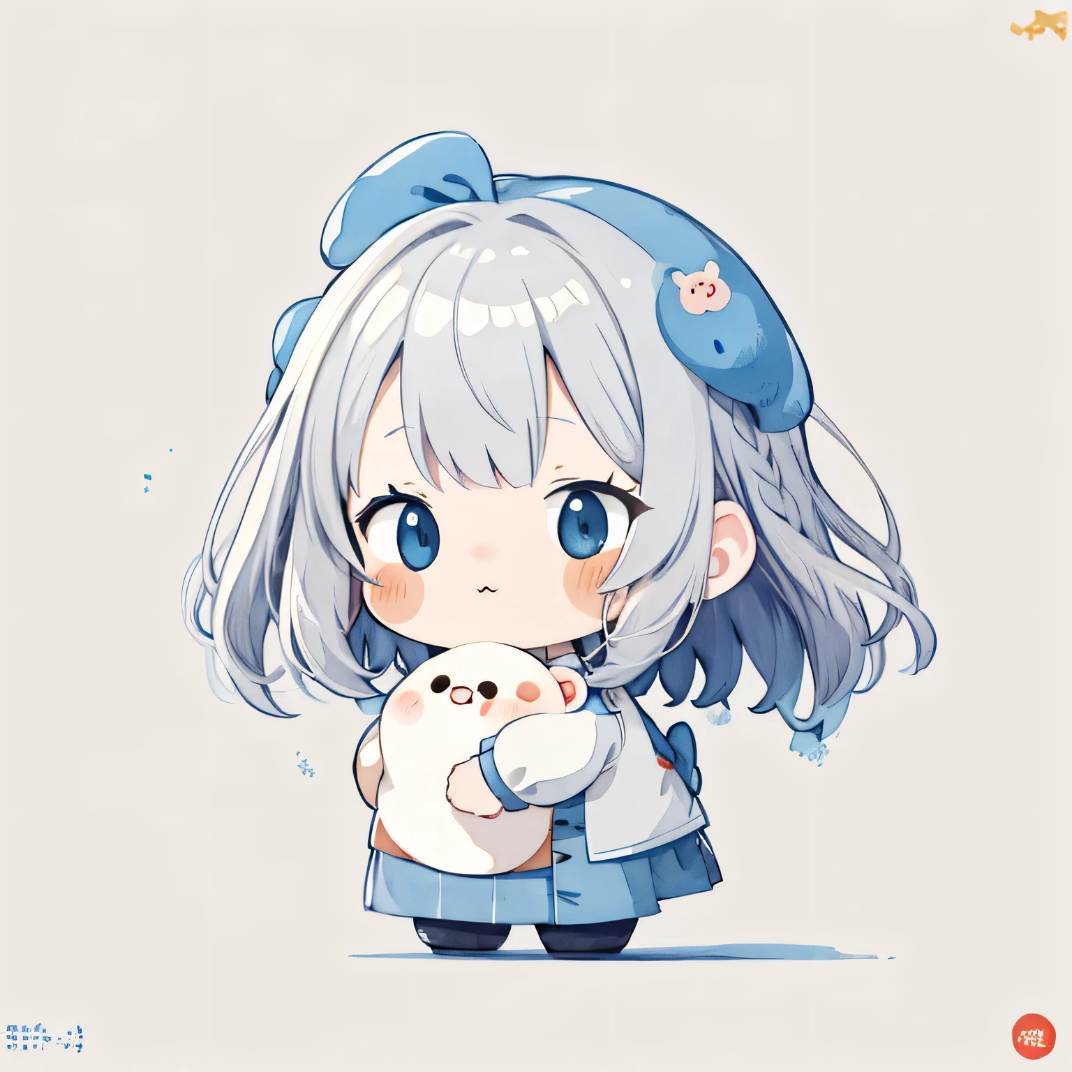 masterpiece, best quality, absurdres, illustration, watercolor,
1 girl, 1 bear, anime character, kawaii, cute, mascot character, fuwafuwa,silver hair,
postcard,