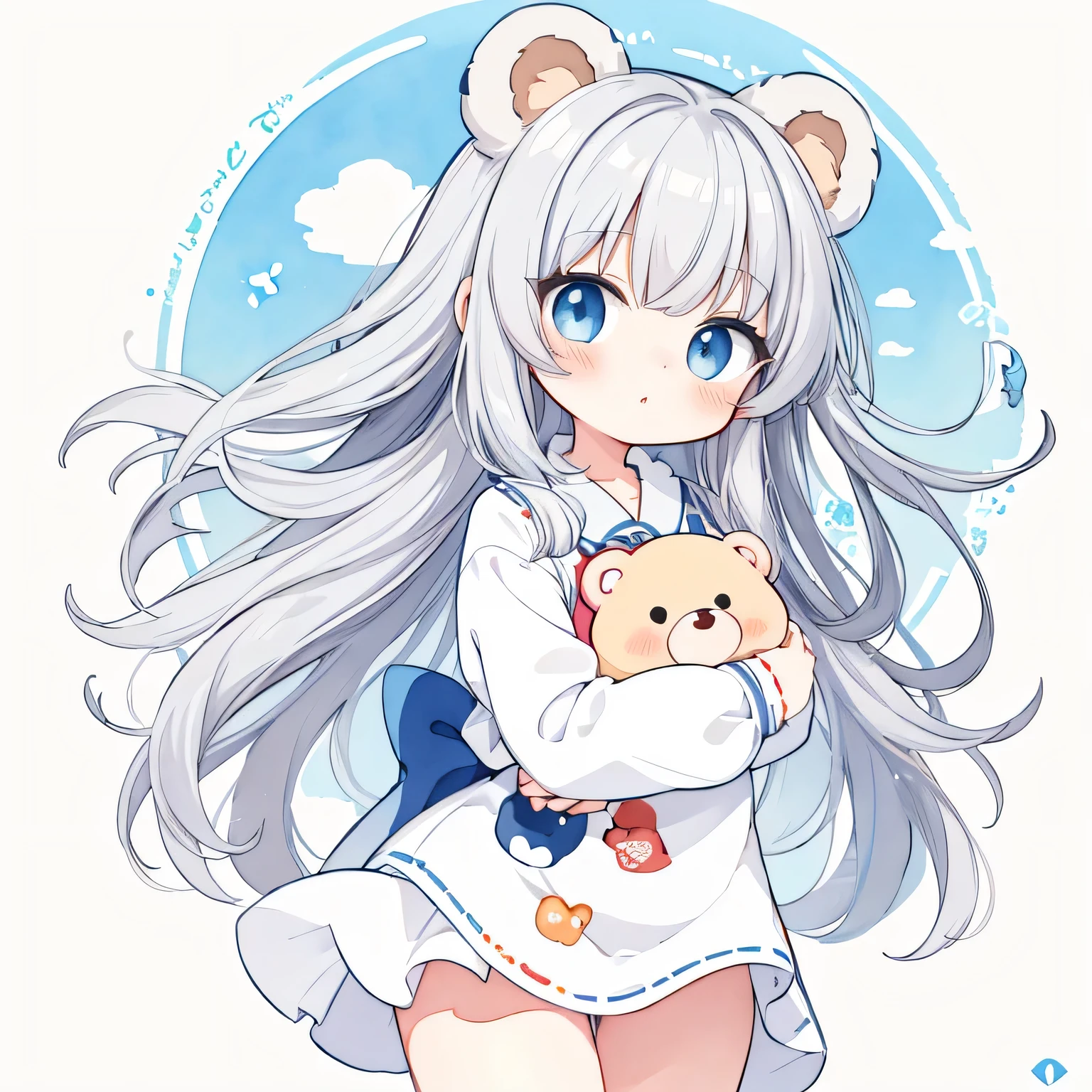 masterpiece, best quality, absurdres, illustration, watercolor,
1 girl, 1 bear, anime character, kawaii, cute, mascot character, fuwafuwa,silver hair,
postcard,