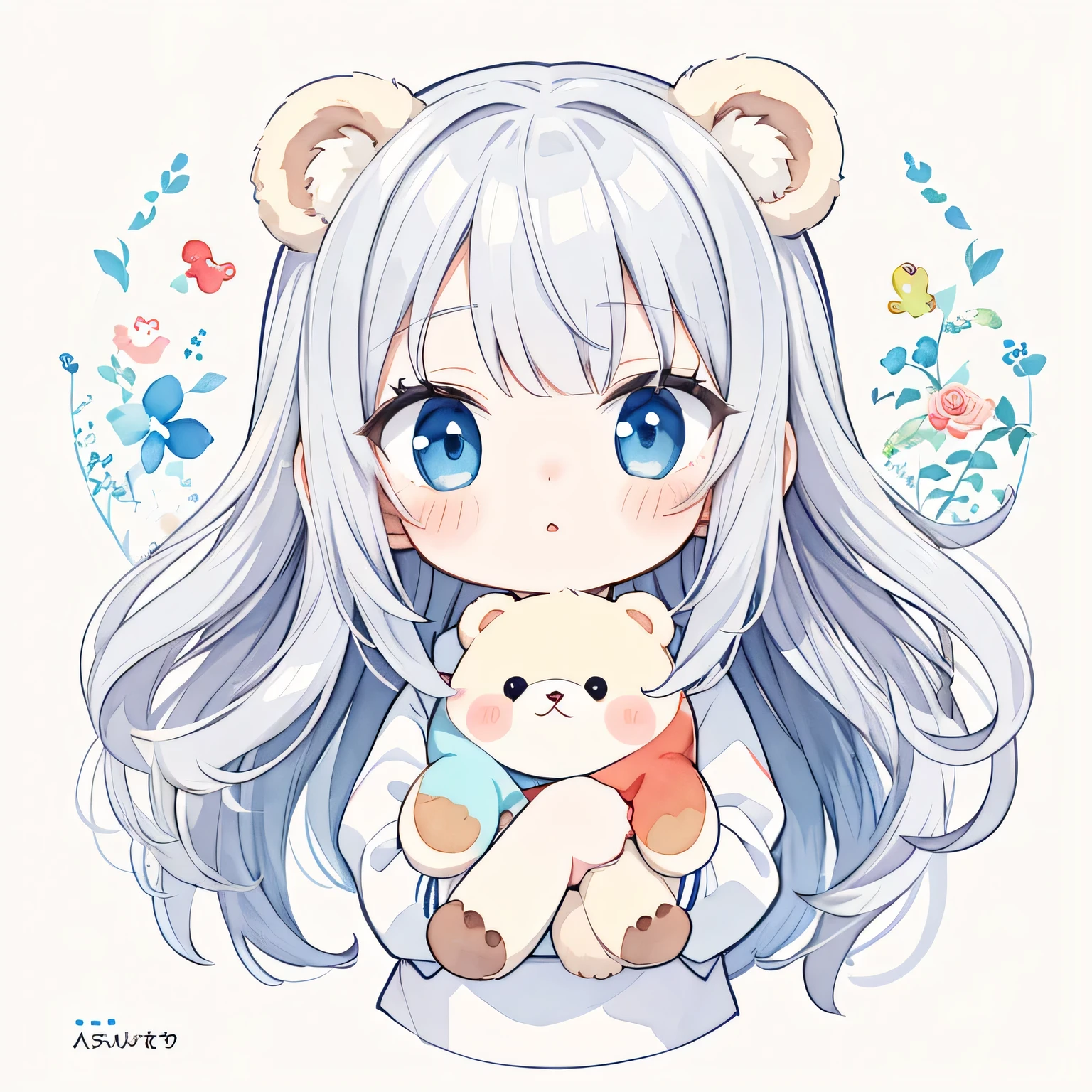 masterpiece, best quality, absurdres, illustration, watercolor,
1 girl, 1 bear, anime character, kawaii, cute, mascot character, fuwafuwa,silver hair,
postcard,