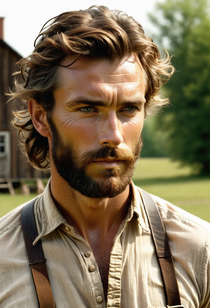 (highly detailed, soft light, detailed face, detailed skin, detailed eyes, photorealistic, dynamic light; cinematic); victorian era; 1820s; 33 years old man; German; 1820s gentleman; leadership figure; strikingly handsome; confident and intensely alluring; wild man aesthetic; defined cheekbones; defined strong jawline; longer chin; handsome face; strapping; tough but romantically interested expression; masculine face with several scars; charismatic; grizzled; sensual; strong aristocratic nose; manly passionate air; very attractive; burly broad stature; broad strong shoulders; ruddy weathered skin; long stubble beard; natural light-blue eyes; thick strong chestnut-brown eyebrows; carefully-shaped 1820s sideburns; 1820's worker's shirt, unbuttoned; 1820s leather suspenders connected to pants; hairy naked broad heavily muscled chest; short straight chestnut-brown hair in 1820's hairstyle; full firm masculine lips; standing in 1820's Manitoba settlement with houses in background; sunshine shining in hair; looking at camera