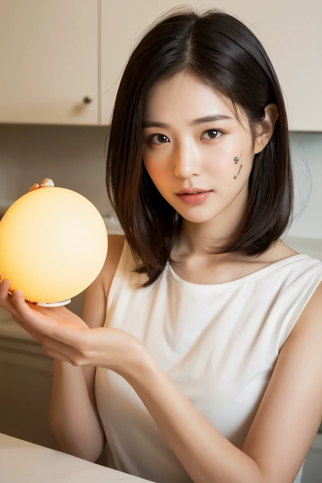 ((Best quality, 8k, Masterpiece: 1.3)), A woman holding a round silicone pat light, Simple and cute shape - s2: 1.2

The woman radiates a warm and inviting aura as she holds the silicone pat light in her hands. The round shape of the light adds to its simple and cute design, making it an essential addition to any kitchen or workspace. The intricately detailed facial and skin texture of the woman are captured in high resolution, with a focus on her expressive eyes. Her appearance is further enhanced by the natural lighting, casting gentle shadows and highlighting the textures of her features. The overall effect is a top-quality, master