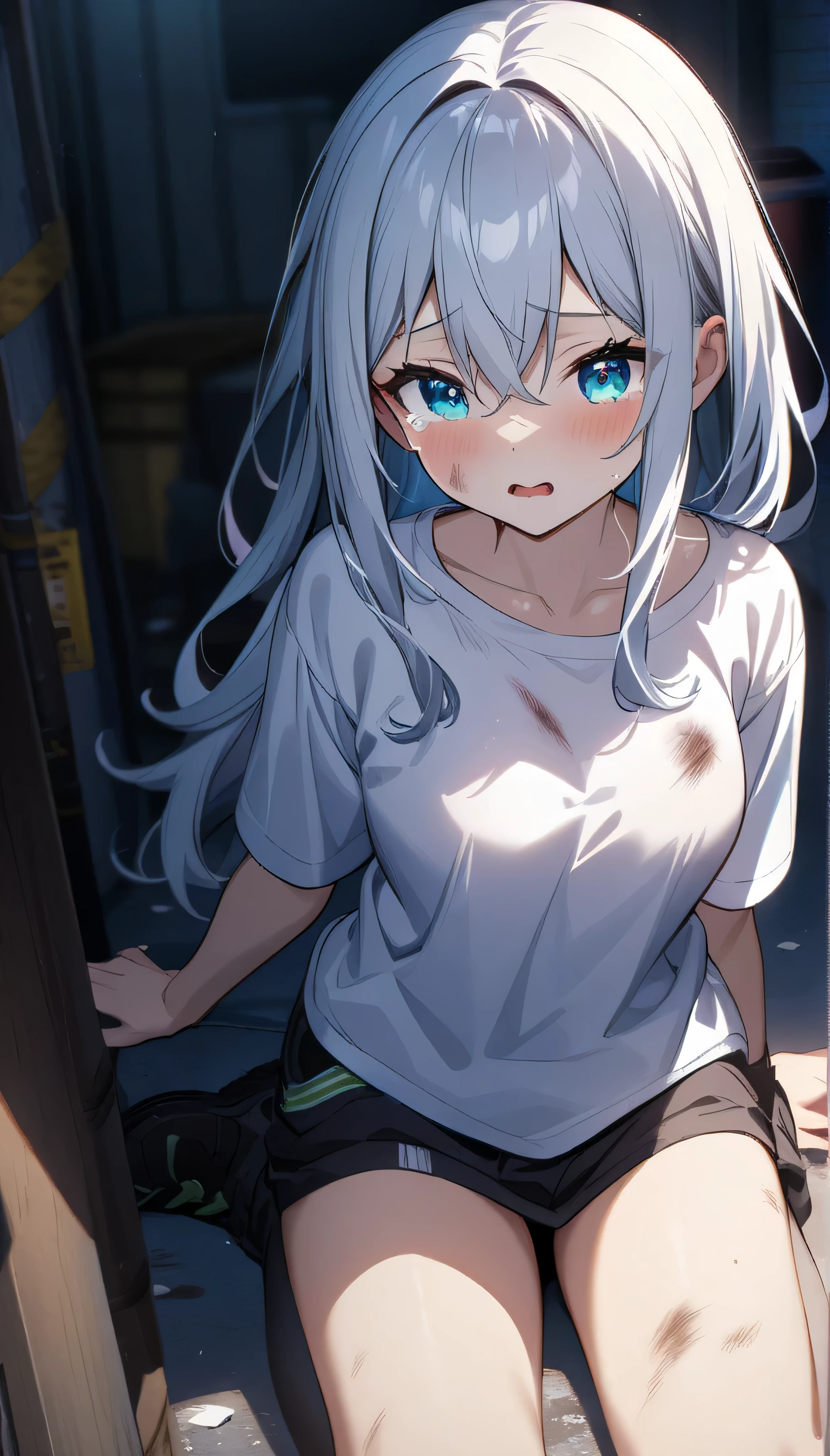 dark theme. full resolution. masterpiece. Full HD. very detailed. very detailed eyes. best quality. 1girl. young girl. very beautiful and cute girl. thin body. poor girl. longhair. grey hair. charming bright aqua eyes. breasts. dirty t-shirt. full of wounds. White oversized T-shirt. kneel . tears. bandage on face. in a slum city alley. depth of field. best rendered CG. little pussy. after sex