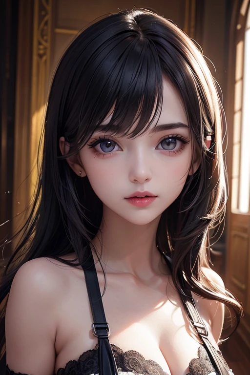 hairs between eyes,black ribbon,bare shoulders,beautiful detailed eyes,an extremely delicate and beautiful girl