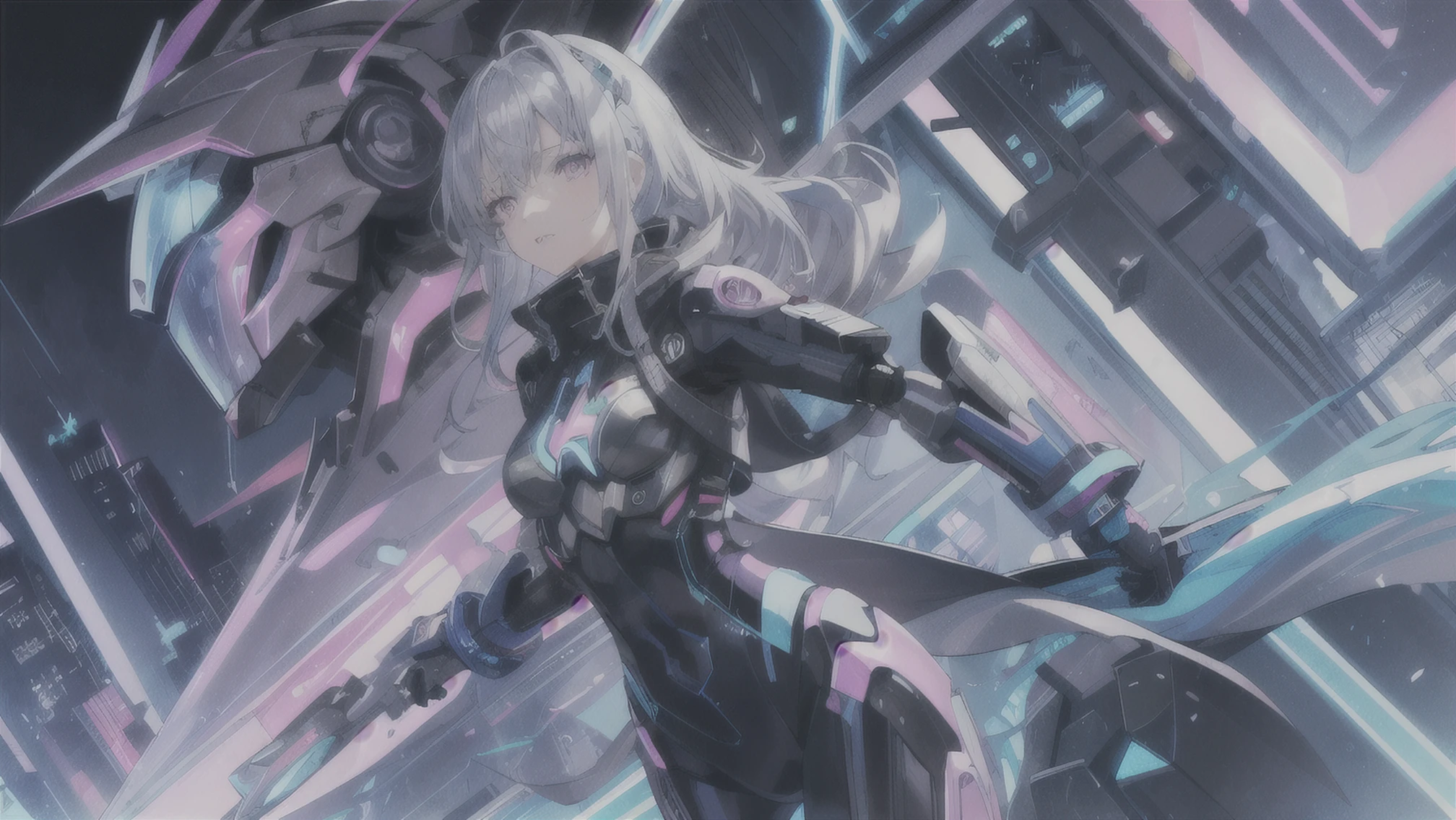 ((masterpiece:1.4, highest quality))+, (super detailed)+, blue hair , wolf cut, pink eyes, 
1 girl,cyberpunk city,flat chest,wavy hair,Mecha clothing,(robot girl),Cool Moves,Silver bodysuit,colorful background,Wet day,(lightning effect),Silver Dragon Armor,(cold face),cowboy shot,