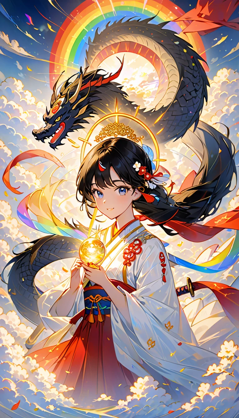 Wrapped in rainbow clouds,There's a halo around me,Black dragon on background,godが5Being around people,Sanskrit characters are floating around,In the center of the painting is a glamorous, black-haired celestial maiden wearing a golden, transparent robe.,Glittering gold jewelry,Ball in right hand,Sword in left hand,Miraculous,god々The beauty