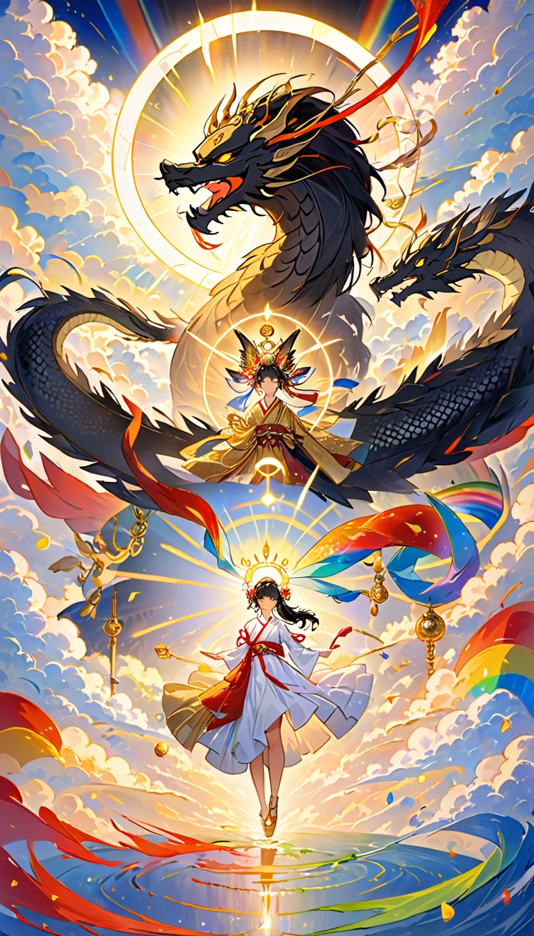 Wrapped in rainbow clouds,There's a halo around me,Black dragon on background,godが5Being around people,Sanskrit characters are floating around,In the center of the painting is a glamorous, black-haired celestial maiden wearing a golden, transparent robe.,Glittering gold jewelry,Ball in right hand,Sword in left hand,Miraculous,god々The beauty
