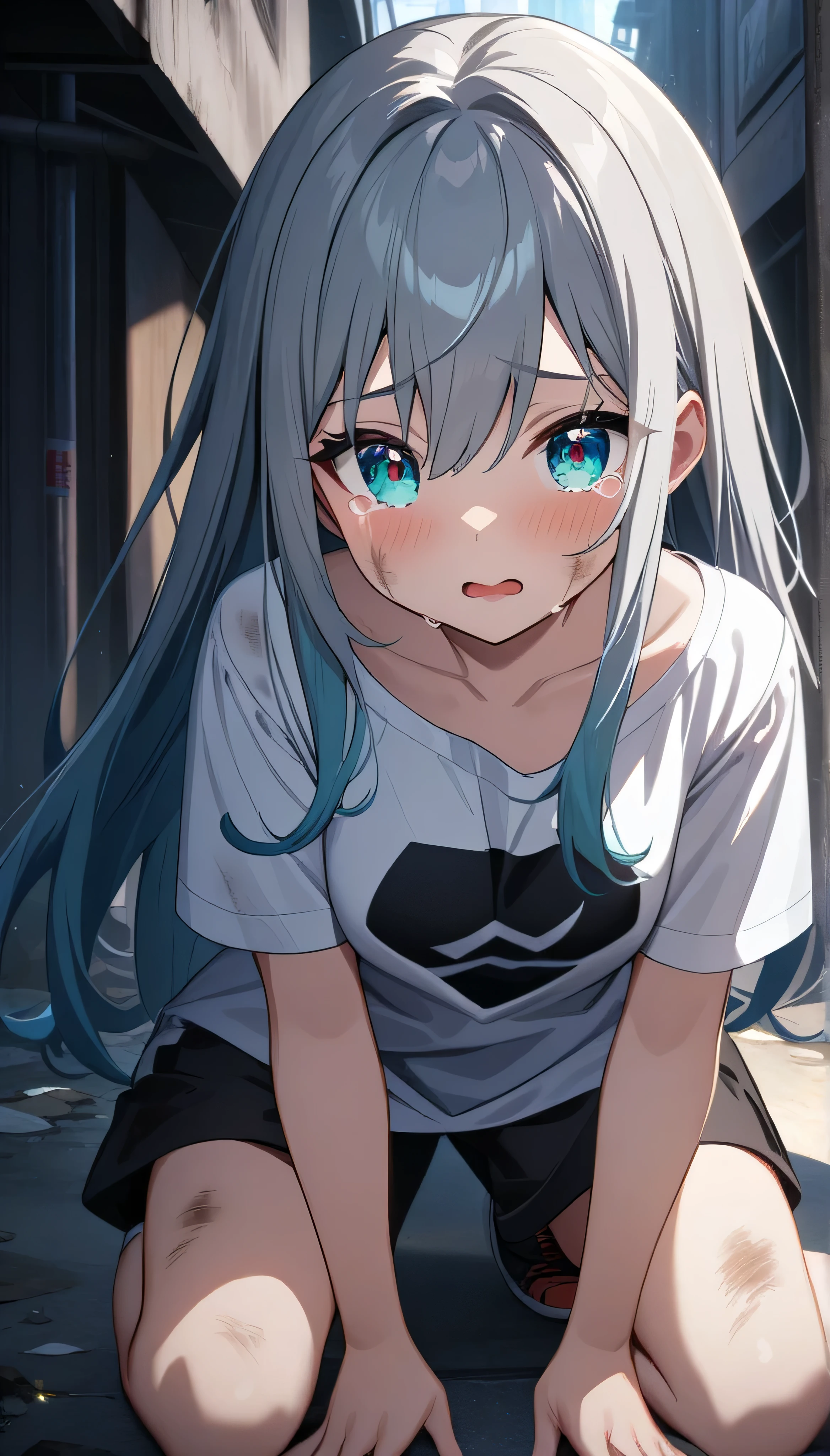 dark theme. full resolution. masterpiece. Full HD. very detailed. very detailed eyes. best quality. 1girl. young girl. very beautiful and cute girl. thin body. poor girl. longhair. grey hair. charming bright aqua eyes. breasts. dirty t-shirt. full of wounds. White oversized T-shirt. kneel . tears. bandage on face. in a slum city alley. depth of field. best rendered CG