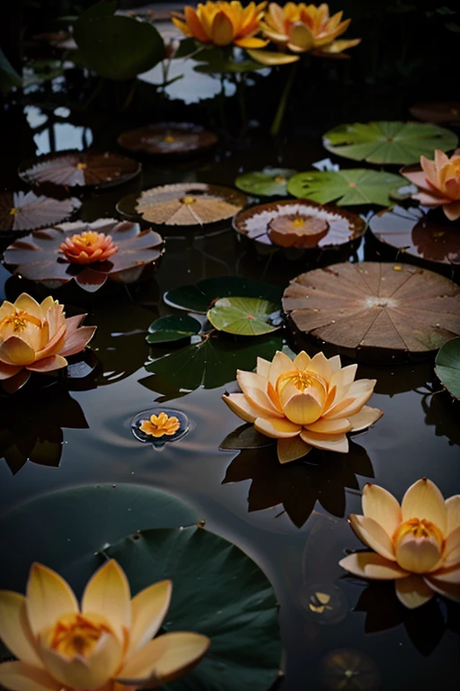 orange lotus flower on water with frogs