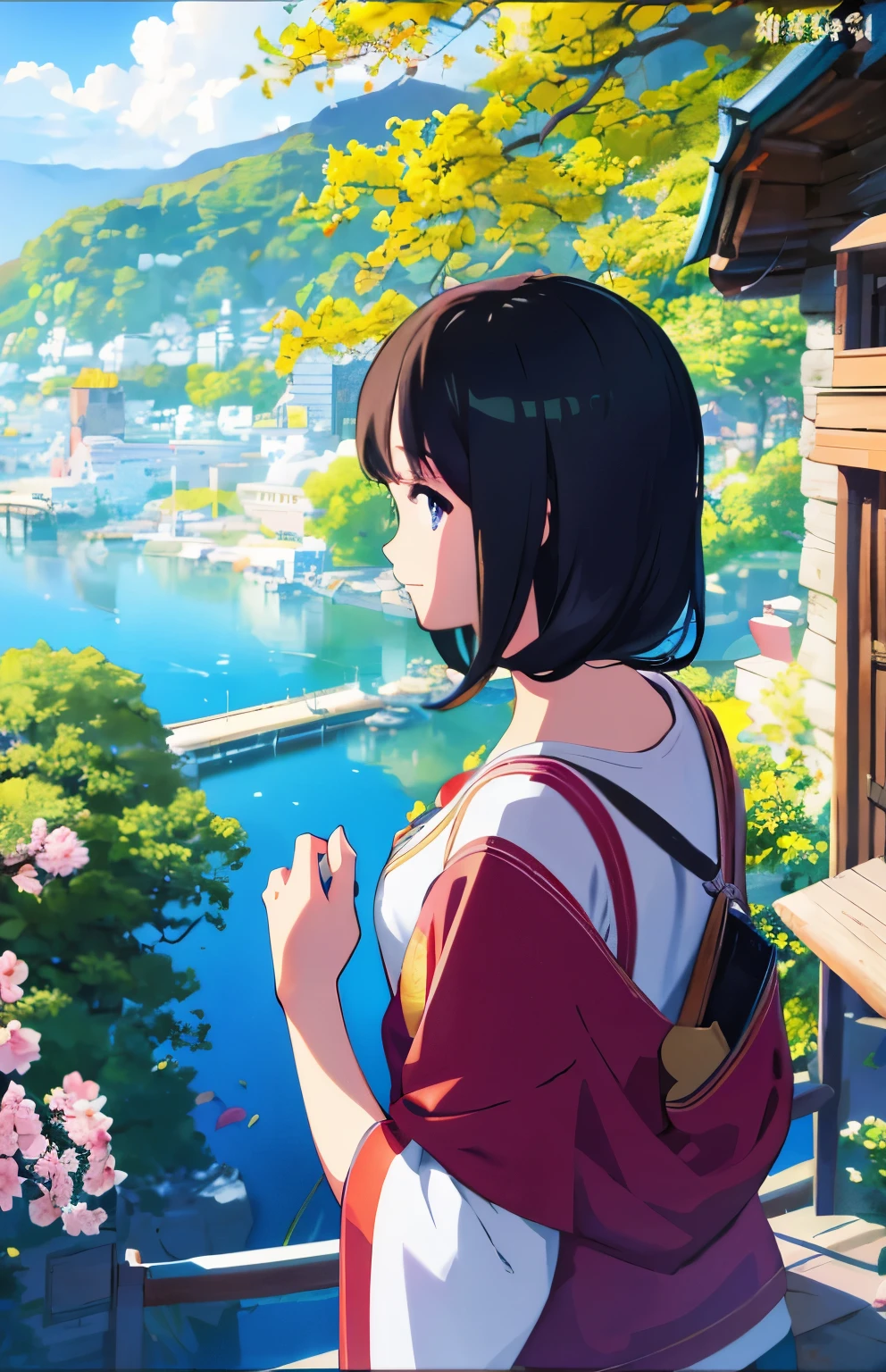 High quality portraits、highest quality、masterpiece、detailed details、Sparrow door lock、Makoto Shinkai's new animation to be released in 2025、Movie pamphlet cover illustration、Background landscape drawing Character design、Cherry blossom background