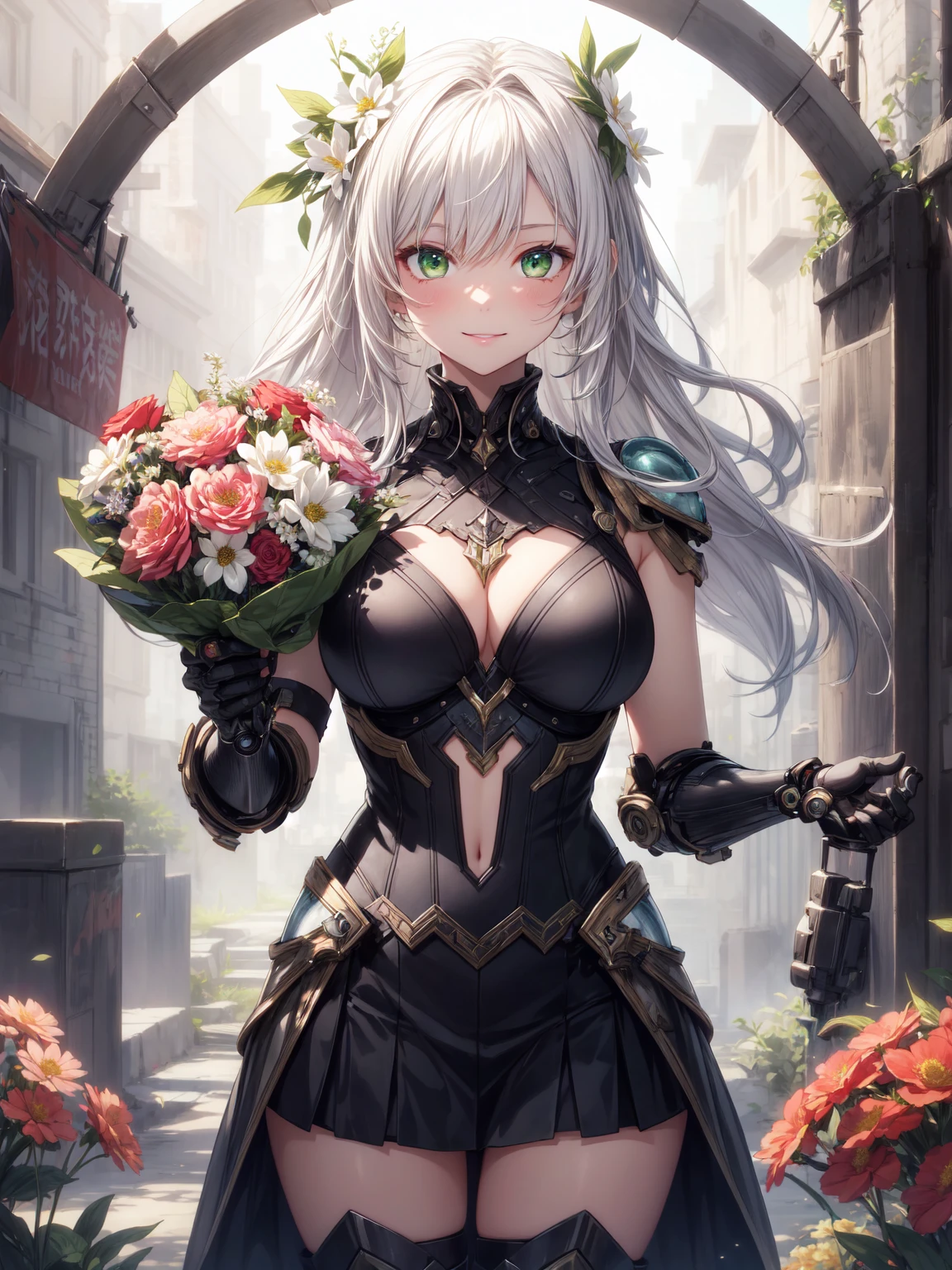 be realistic,(masterpiece,highest quality,highest quality,very detailed,fractal art,most detailed,(flower field background:1.5)(1 girl),Kamimei,(hair length),(green eyes shine、breasts get bigger,stunned),crystallization,sexy、Mechanical Armor、sunburned skin、(holding a bouquet of flowers in both hands:1.3)、break, (holding a bouquet in hand:1.3),(mini skirt)、gentle smile