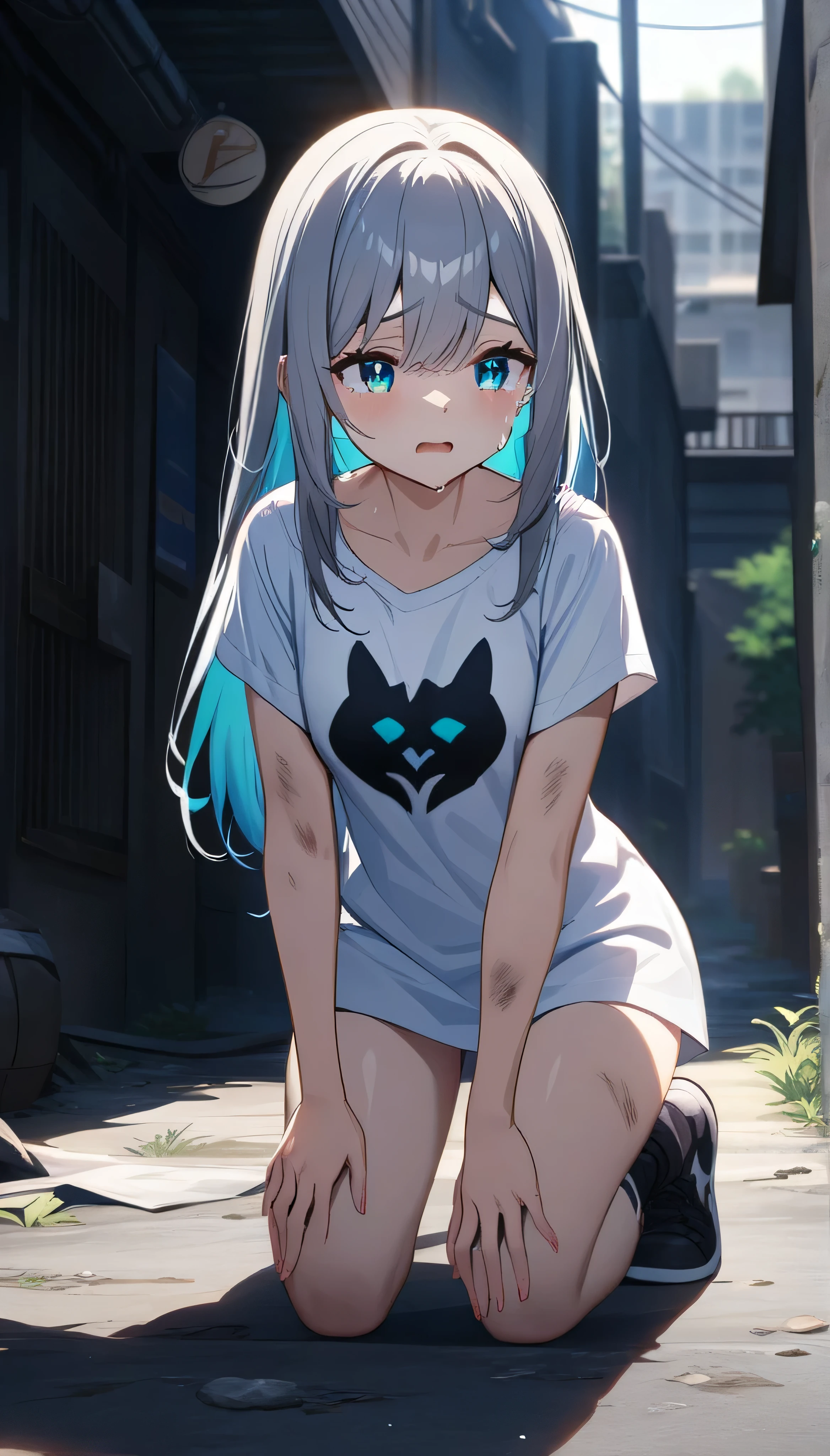 dark theme. full resolution. masterpiece. Full HD. very detailed. very detailed eyes. best quality. 1girl. young girl. very beautiful and cute girl. thin body. poor girl. longhair. grey hair. charming bright aqua eyes. breasts. dirty t-shirt. full of wounds. White oversized T-shirt. kneel . tears. bandage on face. in a slum city alley. depth of field. best rendered CG