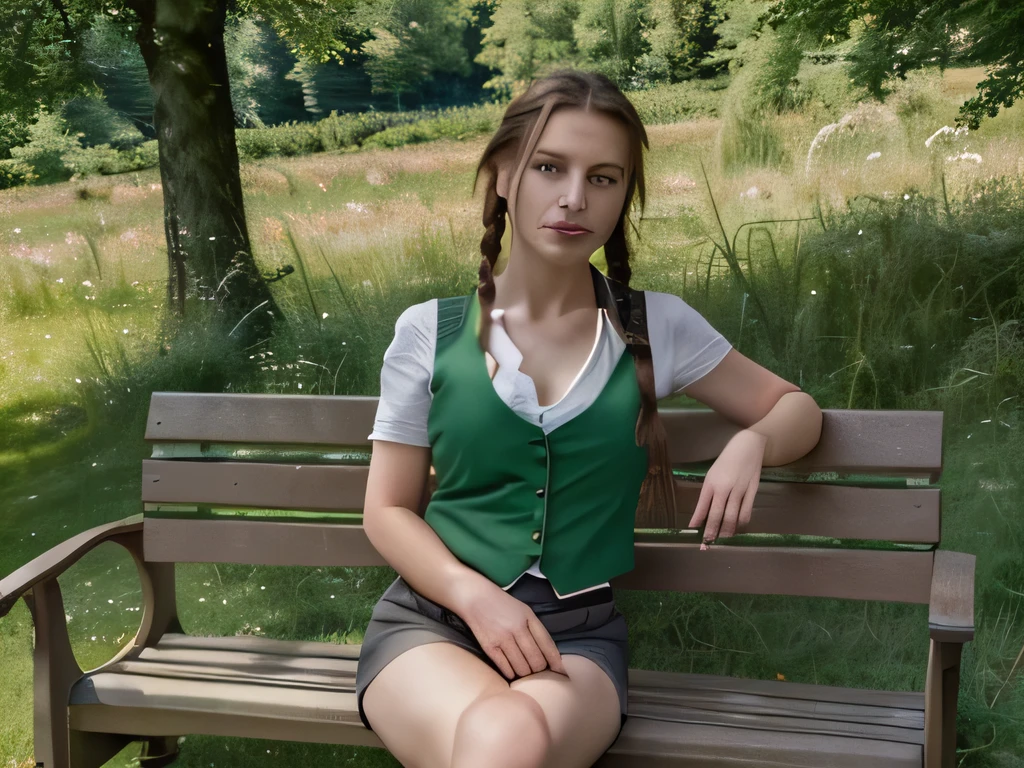 1Girl sitting on a bench, 25 Jahre alt, Rote Haare, single braid over the shoulder, Pretty face, Green Shirt, dark green vest, graue Cargohose, Schulranzen BREAK sitzend, Offenes Feld, Wald, Berge im Hintergrund.