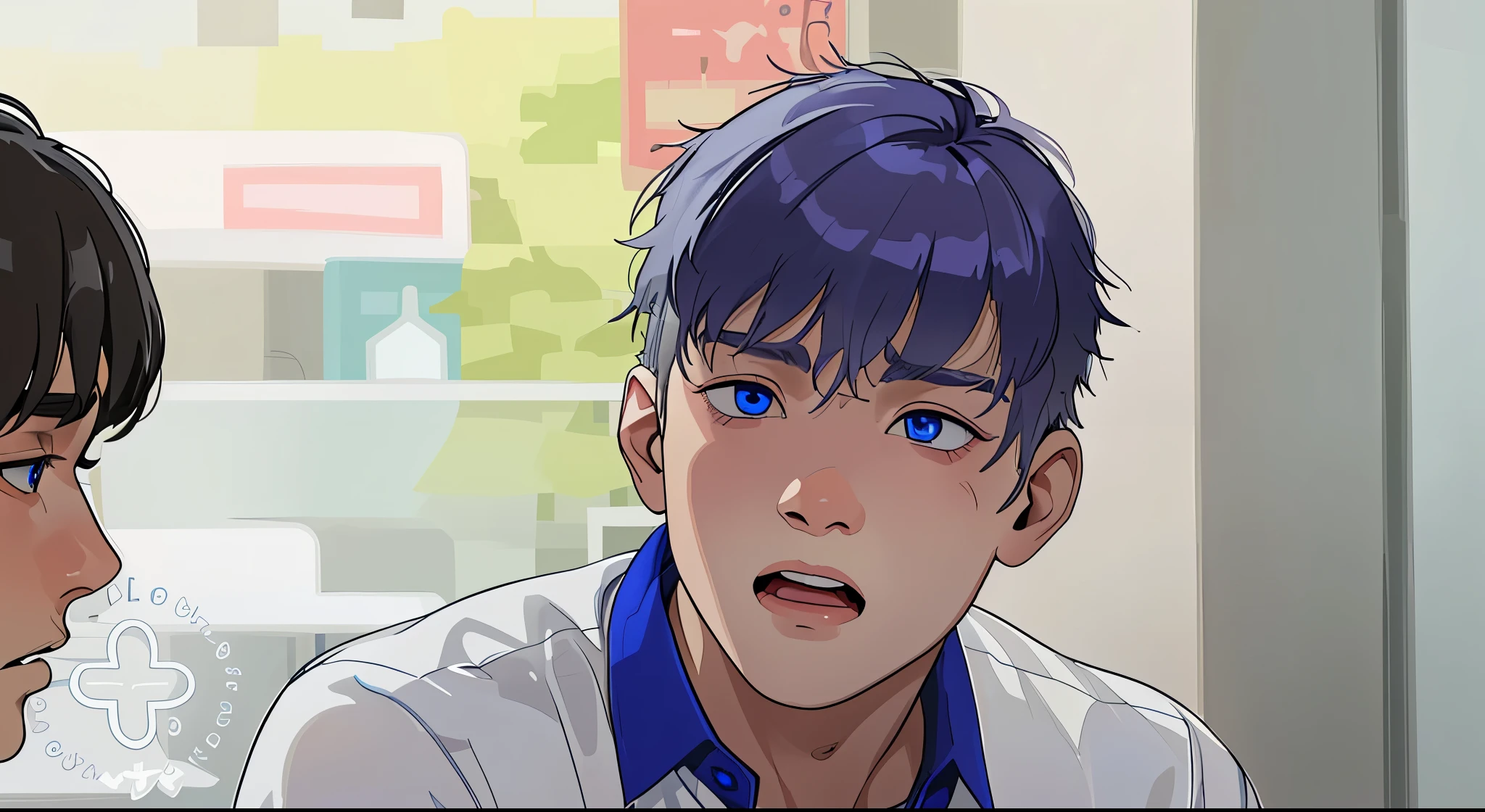 cute 16 year old boy with gray hair and blue eyes is talking explaining something a little worried