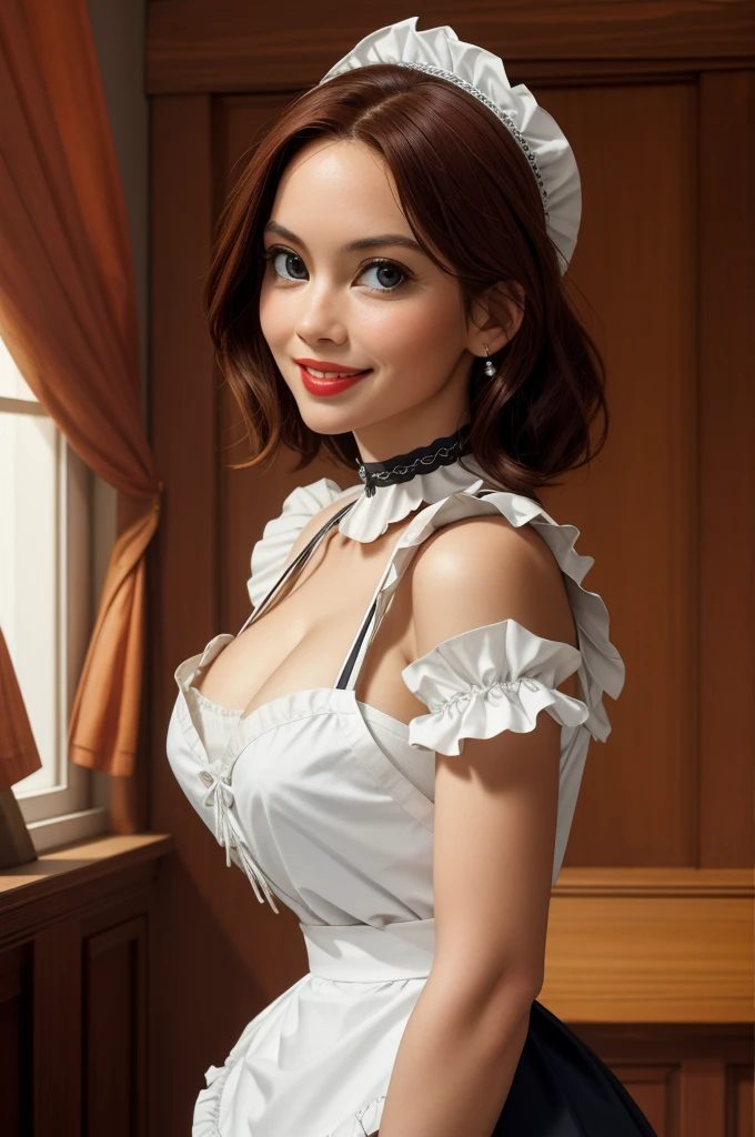 A pretty maid. best quality, masterpiece, Auburn hair, sky blue eyes, wearing a steriotypical French maid outfit, (headdress、white blouse、black ribbon、White Apron、ruffle skirt、puff sleeves、collar、choker、apron with fine ruffles：1.3)、black maid costume). looking up, upper body,hair strand,Fair skin, Large chest,. Adorable, mature Woman,detailed big-eyed woman, round face. promenent red lips. Smileing,In the mansion library, large ass, Picture from the side,looking at the scenes, intense colors, Very valuable details, complex details, volumetric lighting, digital art, 8k, trending on Artstation, Clear focus, complex details, highly detail, Greg Rutkowski Big Eyes, high-resolution, Auburn hair. Olivia Munn., attractive chest, .Photorealistic. Confidence, self esteem, assertiveness, dominance. wide Amused smile. ecstastic expression. Sultry, Cleavage. Perky bosum.
