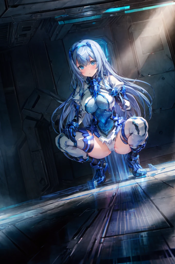 masterpiece, highest quality, realistic, beautiful lighting, 1 girl, bangs, Inside the futuristic base, squat, blue and white costume, 