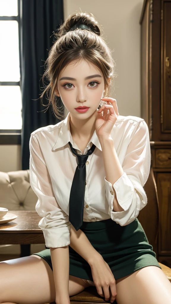 best quality、16K high resolution、super detailed、masterpiece、Live shooting、actual:1.4、Surrealism:1.4、sharp focus、Very delicate and beautiful、nitty gritty、1 female、(European:1.2)、(Blonde)、(spread your legs:1.3)、(no panties:1.3)、(National Science Foundation:1.1)、 (sit on the table)、legs open、(Super beautiful)、(pretty face:1.5)、(ponytail, )、(Detailed face)、(Eyes are thin and beautiful)、(delicate lips)、lipstick、Mouth slightly open、(Eyeliner)、mascara、eye shadow、(Military green pencil skirt,)、White shirt、Green set, tie、in NSFW