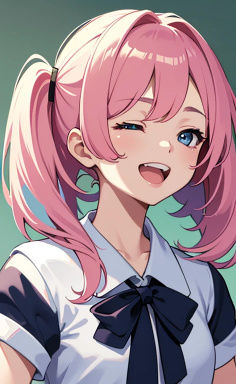 (masterpiece、top-quality、8k size wallpaper、offcial art)、(face focus:1.8,portrait,upper body:1.6)、(1girl),(very loud laugh,Open mouth:1.3),(one eye closed:1.5),cute face,blue eyes、twintails、
,(stand),Shining brightly,
,(sexy body),(school uniform),(long fluorescence pink hair1.3), (small breasts)、
、fluorescence、classroom,JK、
