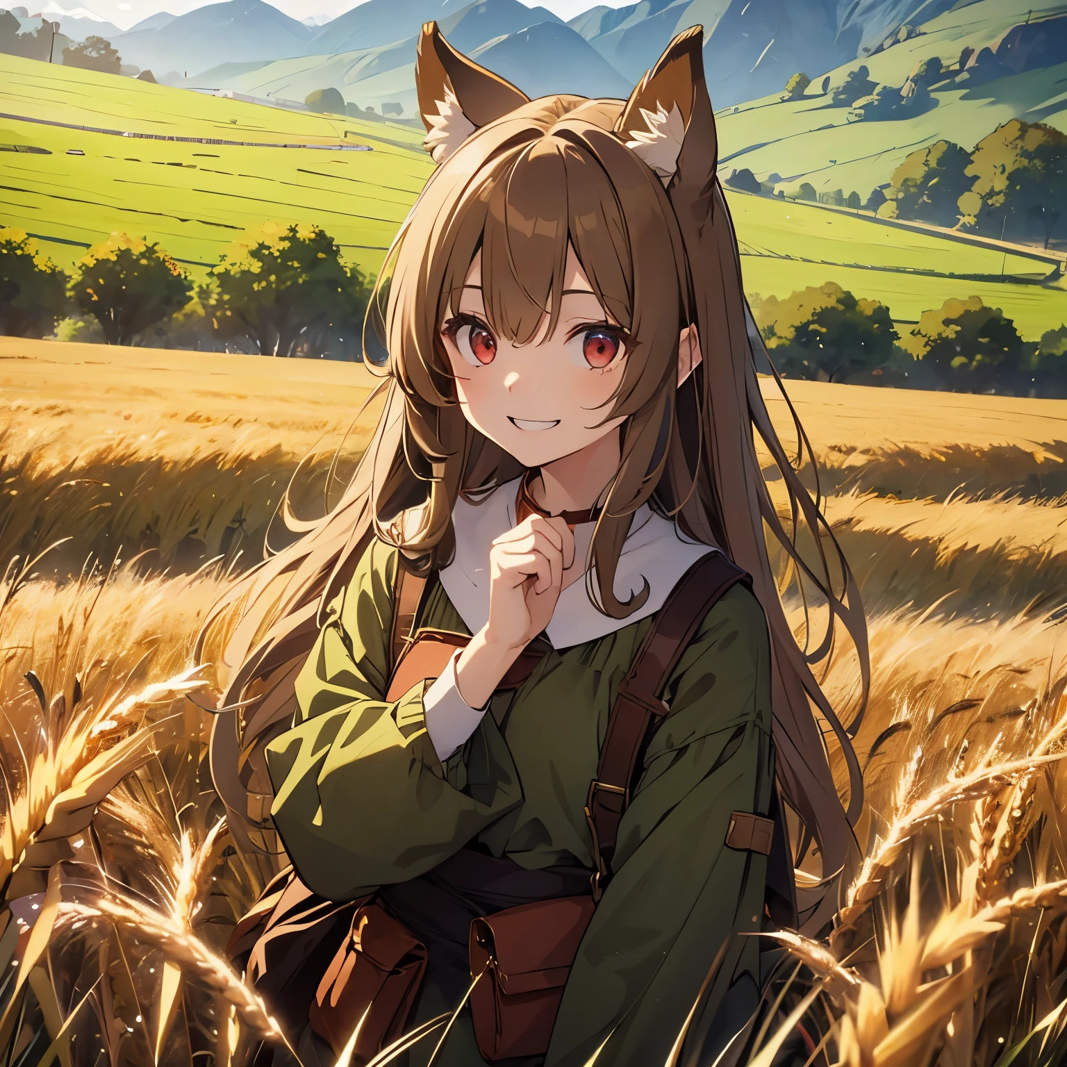 masterpiece、light brown hair、long hair、delicate eyes、red eyes、green clothes、Pouch from neck、animal ears、tooth、smile、Hands on cheeks、Big tail、wheat field