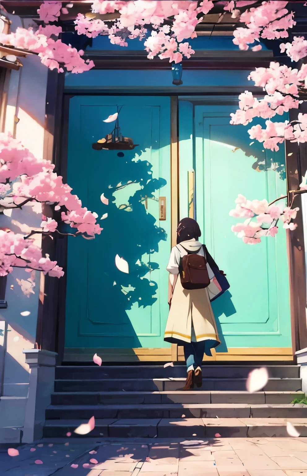 High quality portraits、highest quality、masterpiece、detailed details、Sparrow door lock、Makoto Shinkai's new animation to be released in 2025、Movie pamphlet cover illustration、Background landscape drawing Character design、Cherry blossom background