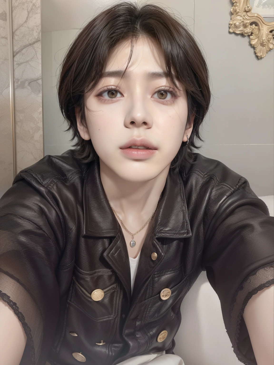 arafed woman taking a selfie with a camera phone, jung jaehyun, cai xukun, androgynous face, androgynous person, male ulzzang, park jimin, androgynous, jimin\'s right eyelid swollen, with short hair, hyung tae, delicate androgynous prince, beautiful androgynous prince, jinyoung shin, kim doyoung