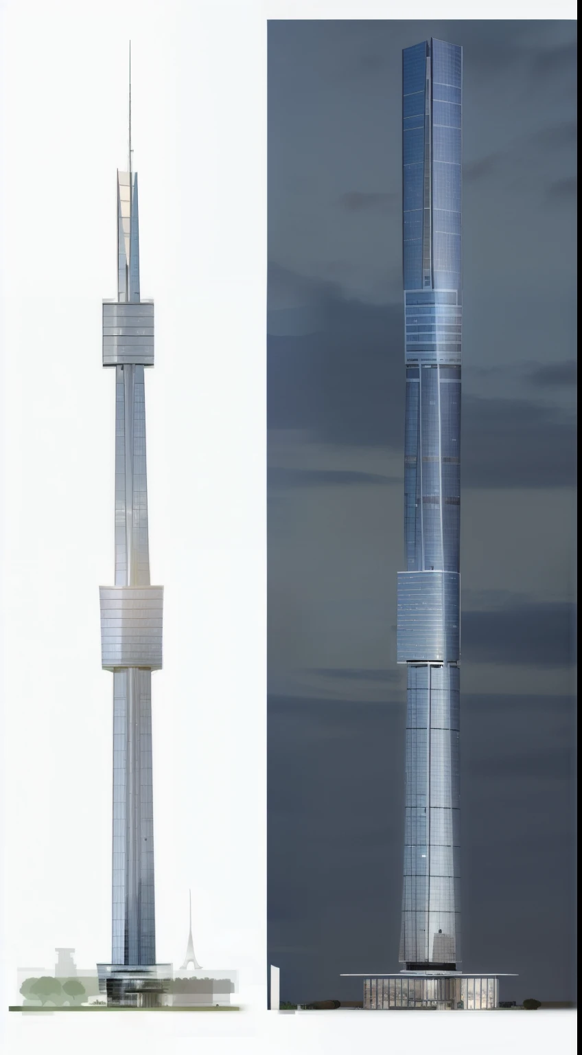 a close-up of two different views of a tall building, futuristic torre, renderizado, torre, ancient silver torre of the moon, high resolution and detail, torres, tall skyscraper, two giant torres, renderizado image, oc renderizado, Estruturas altas, pre-renderizado, elevador espacial, extremely high level of detail, vista superior e lateral, with torres, big torres