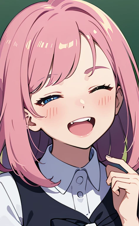 (masterpiece、top-quality、8k size wallpaper、offcial art)、(face focus:1.8,portrait,upper body:1.6)、(1girl),(very loud laugh,Open mouth:1.3),(one eye closed:1.5),cute face,blue eyes、twintails、
,(stand),(Shining brightly),
,(sexy body),(school uniform),(long fluorescence pink hair1.3), (small breasts)、
、fluorescence、classroom,JK、